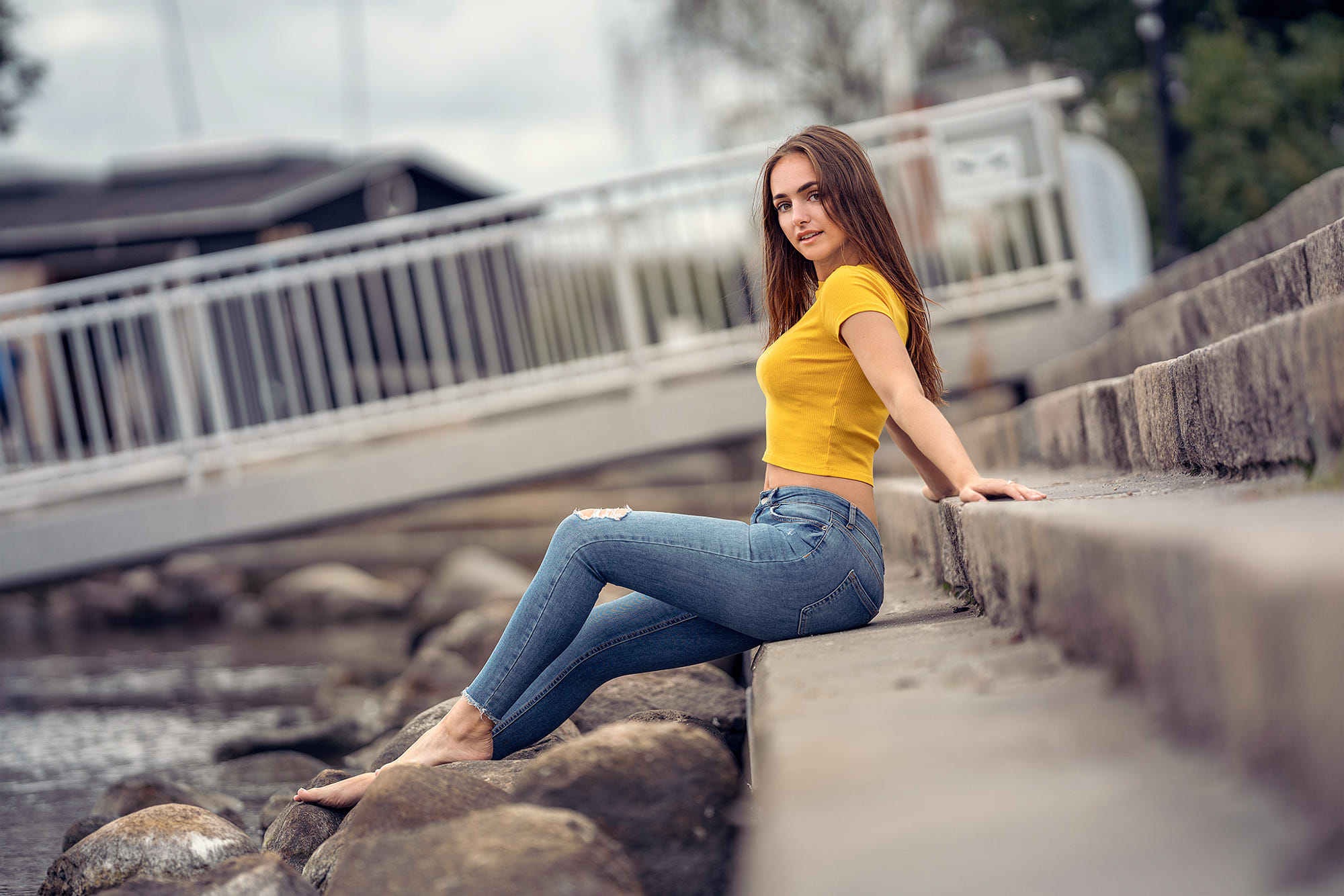 Brunette Women Model 500px Depth Of Field Jeans Yellow Tops Torn Jeans T Shirt 2000x1334