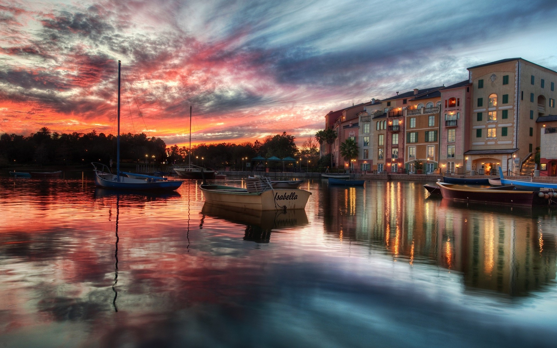 Portofino Italy Boat Sea Water Reflection Sunset Clouds Building City 1920x1200