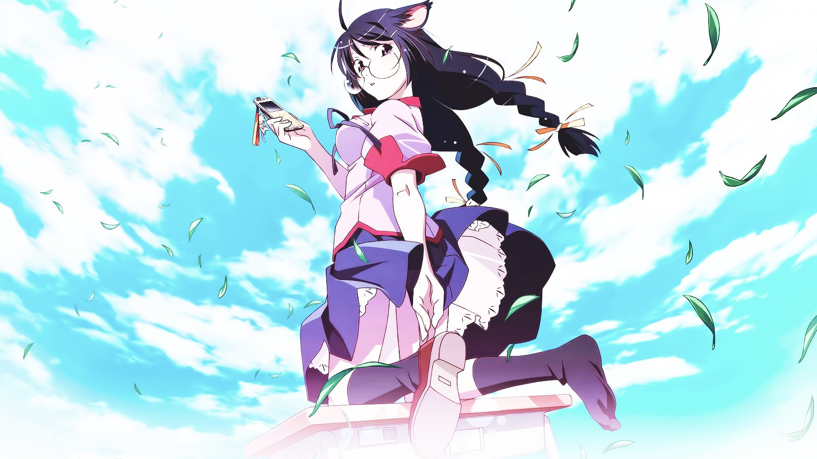 Monogatari Series Hanekawa Tsubasa Cat Girl Nekomimi Anime Girls Cellphone Cyan 1600x900