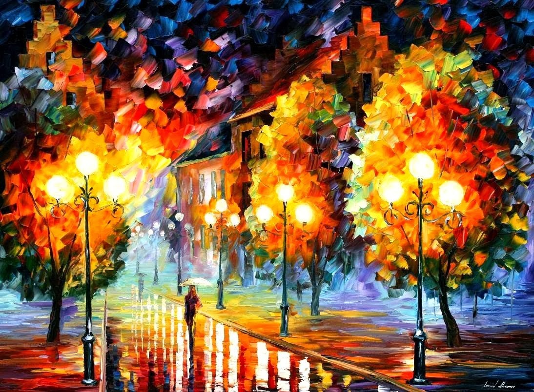 Painting Leonid Afremov Fall Rain Street Light Path Artwork 1094x804