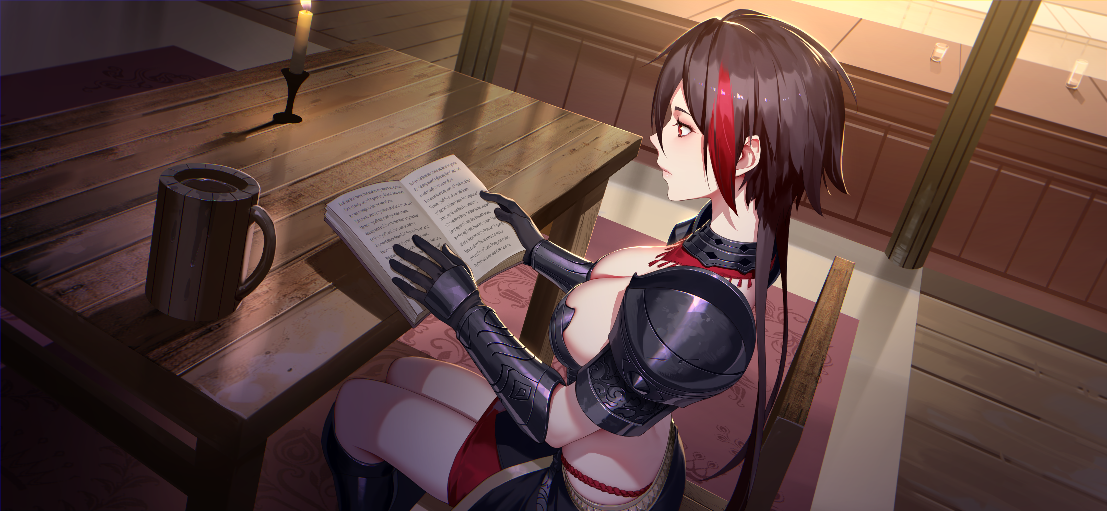 Women Anime Girls Artwork Digital Art Illustration Fantasy Girl Dark Hair Profile Armor Skirt Sittin 4334x2000