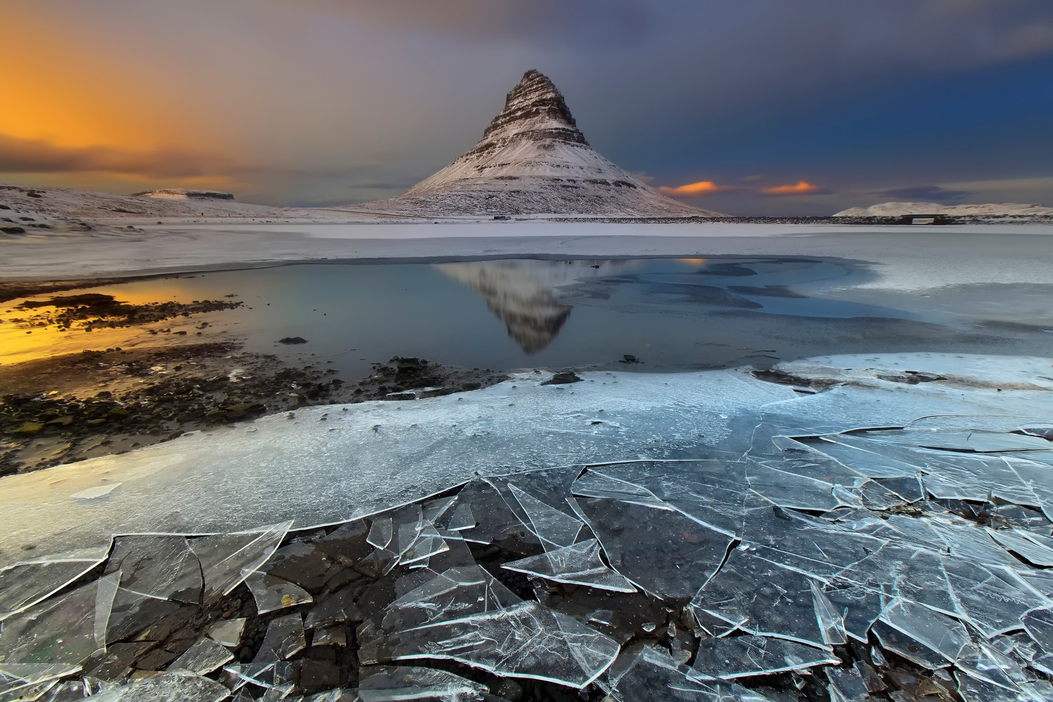 Nature Landscape Mountains Iceland Snow Winter Ice Water Sunset Clouds Reflection Kirkjufell 2048x1365