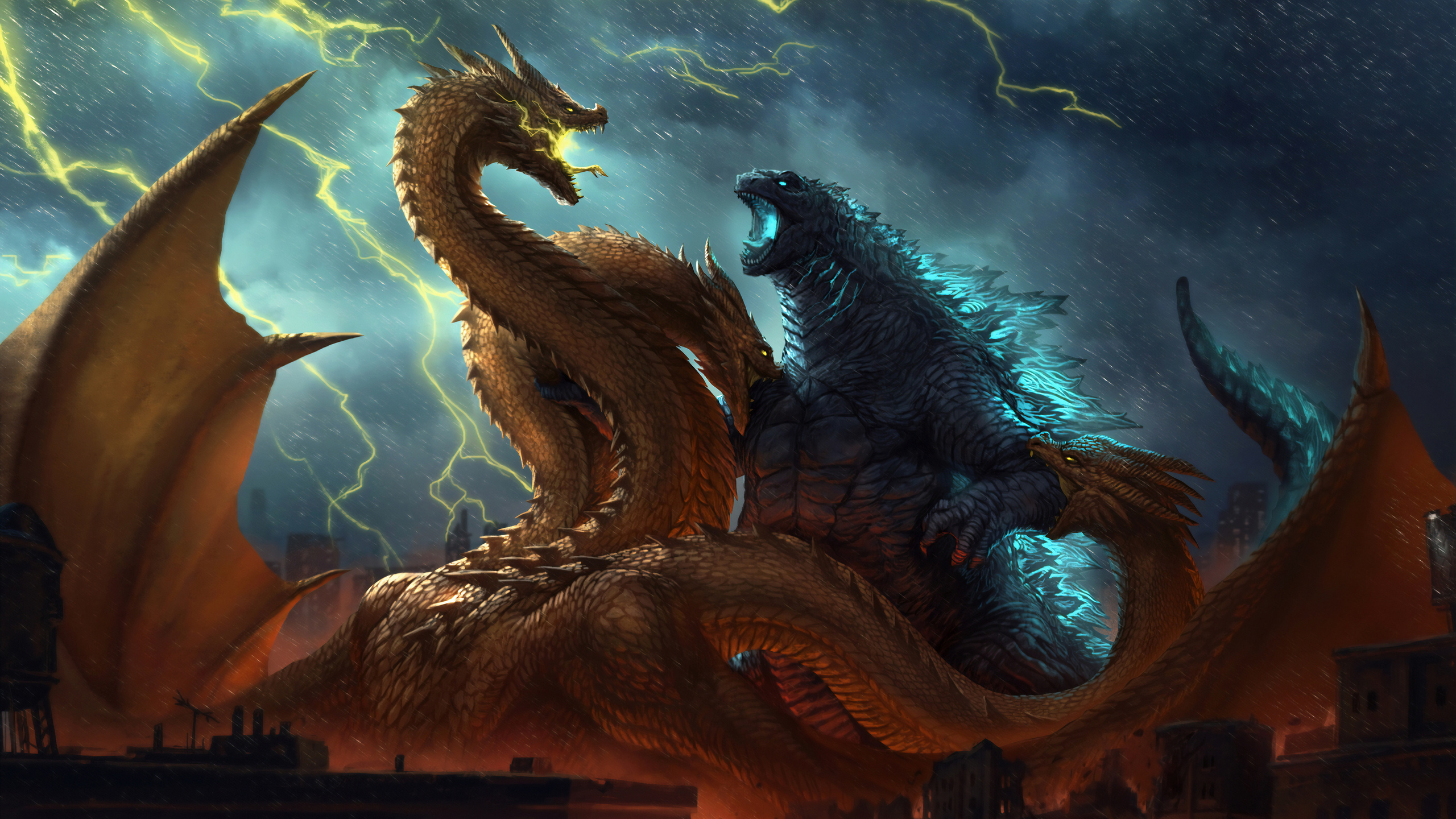 Digital Digital Art Artwork Godzilla Godzilla King Of The Monsters City Battle Creature King Ghidora 2560x1440