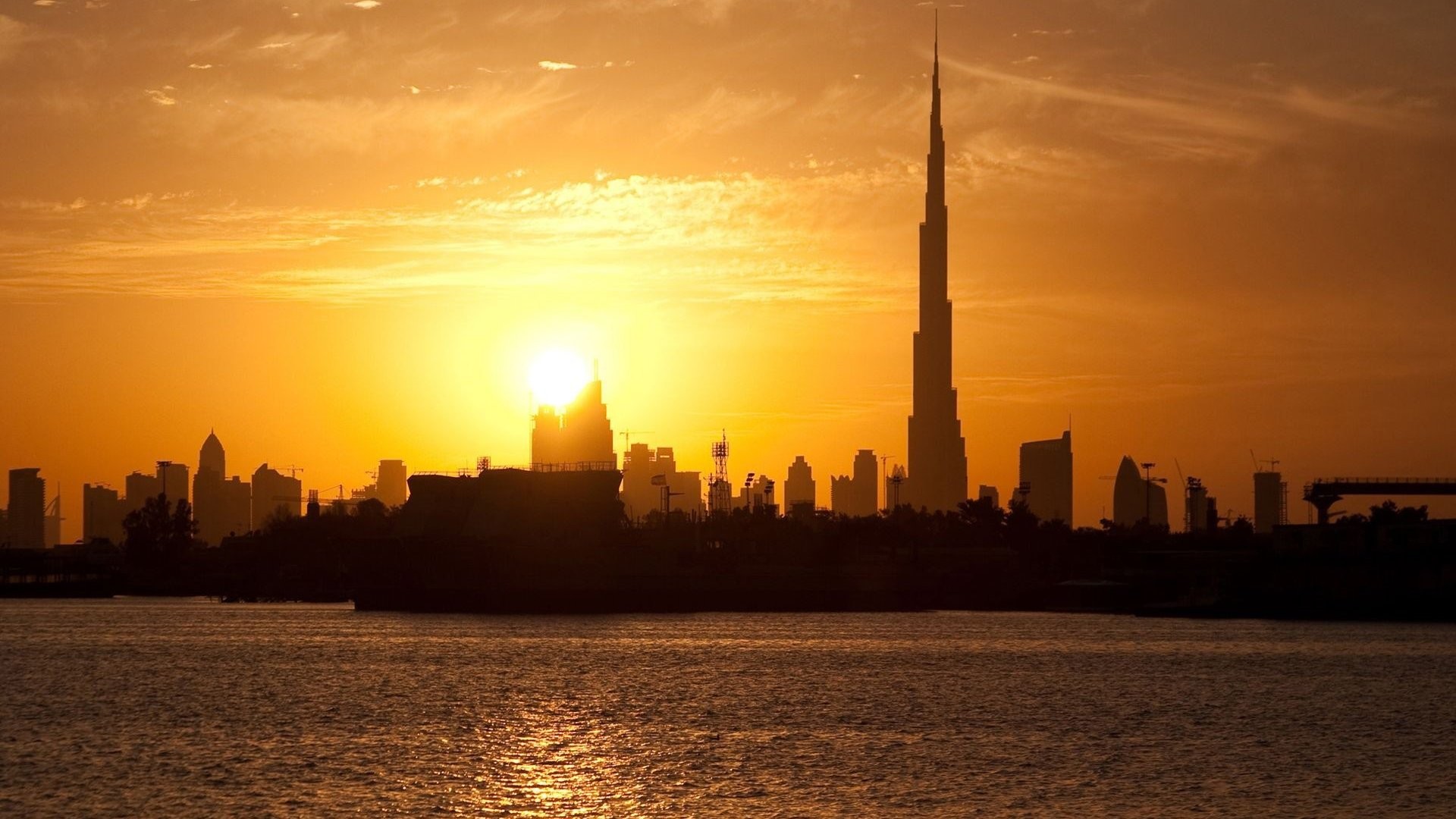 Dubai Skyscraper Cityscape Sunset Silhouette Burj Khalifa 1920x1080