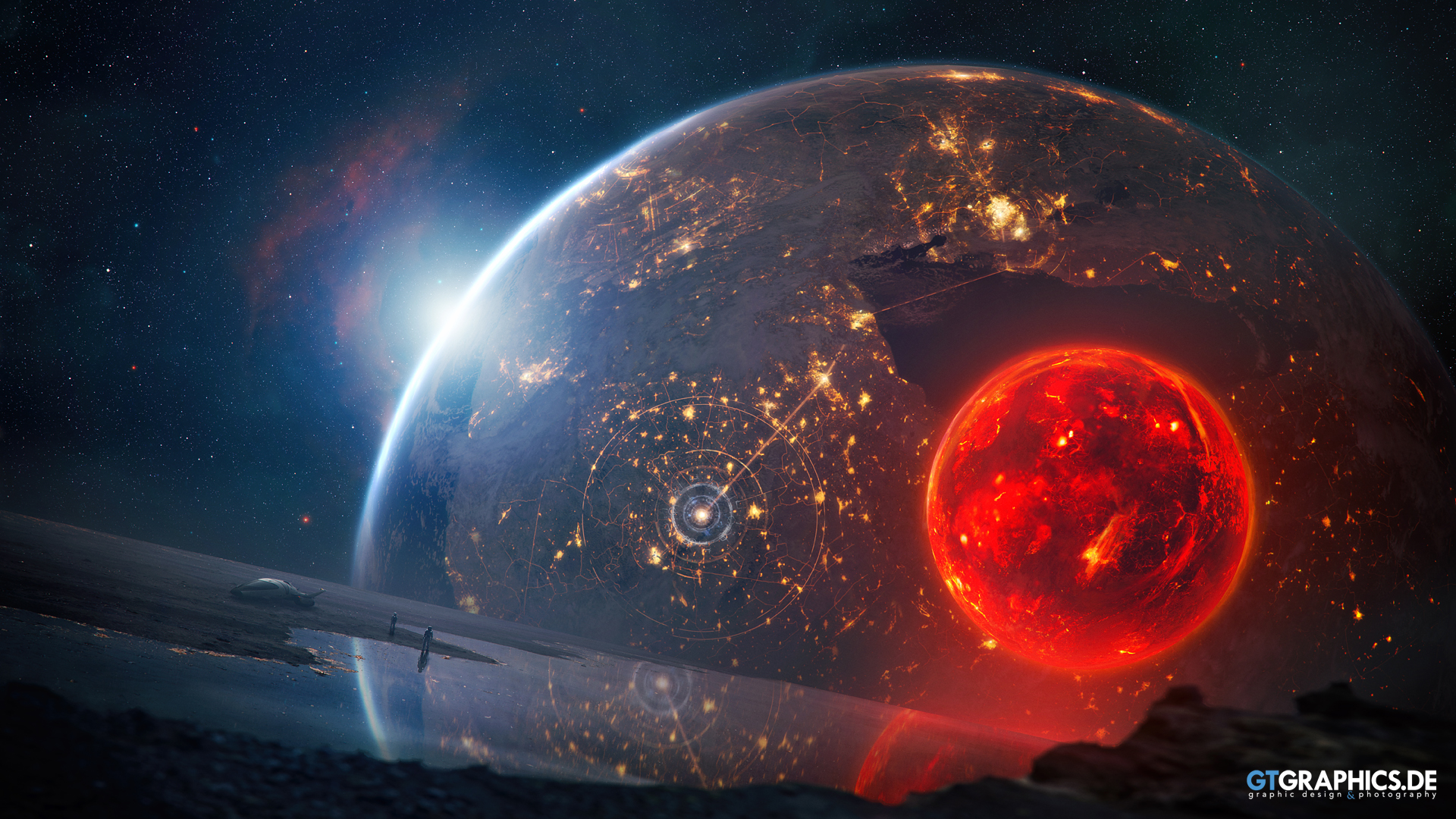 Science Fiction Planet Glowing Heat Stars Bright Space Satellite Reflection Stellaris 1920x1080