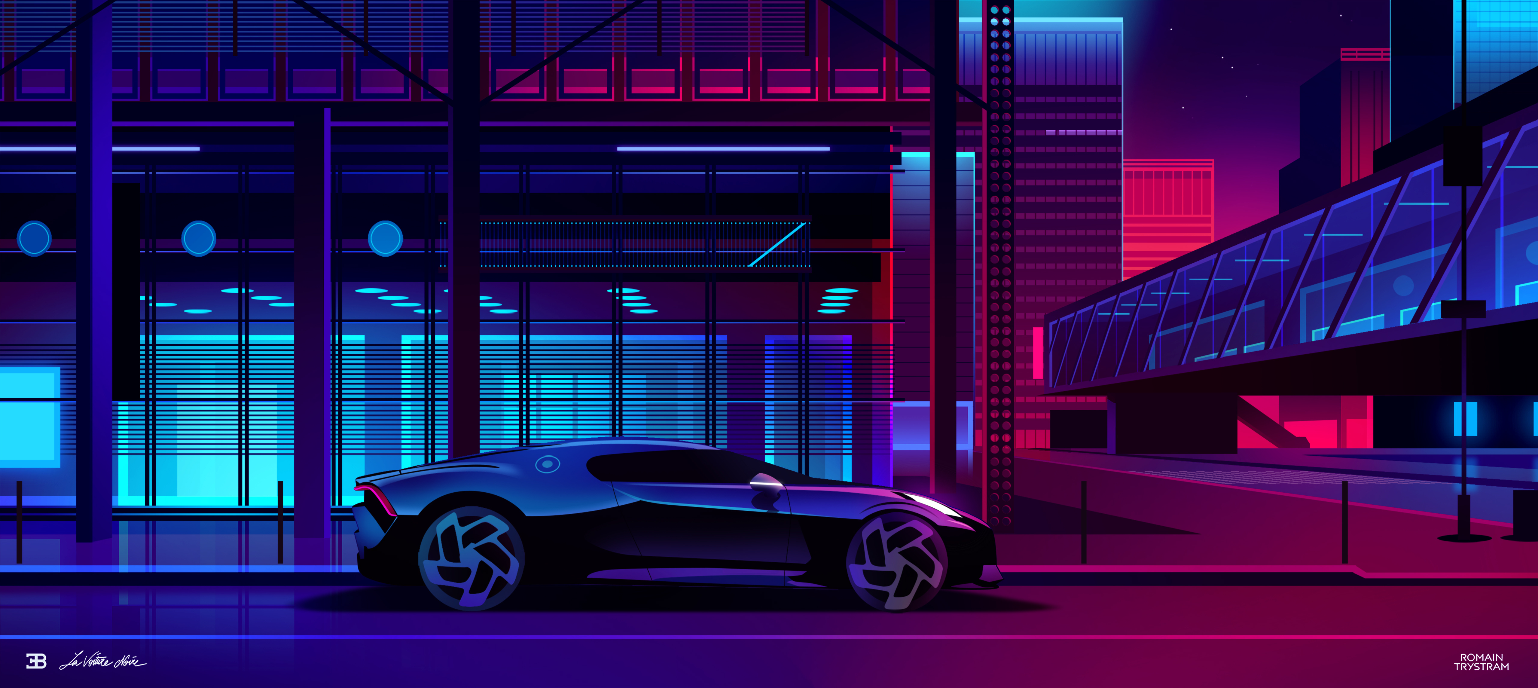 Digital Digital Art Artwork Car Vehicle Bugatti La Voiture Noire Lights City City Lights Neon Neon L 5118x2289
