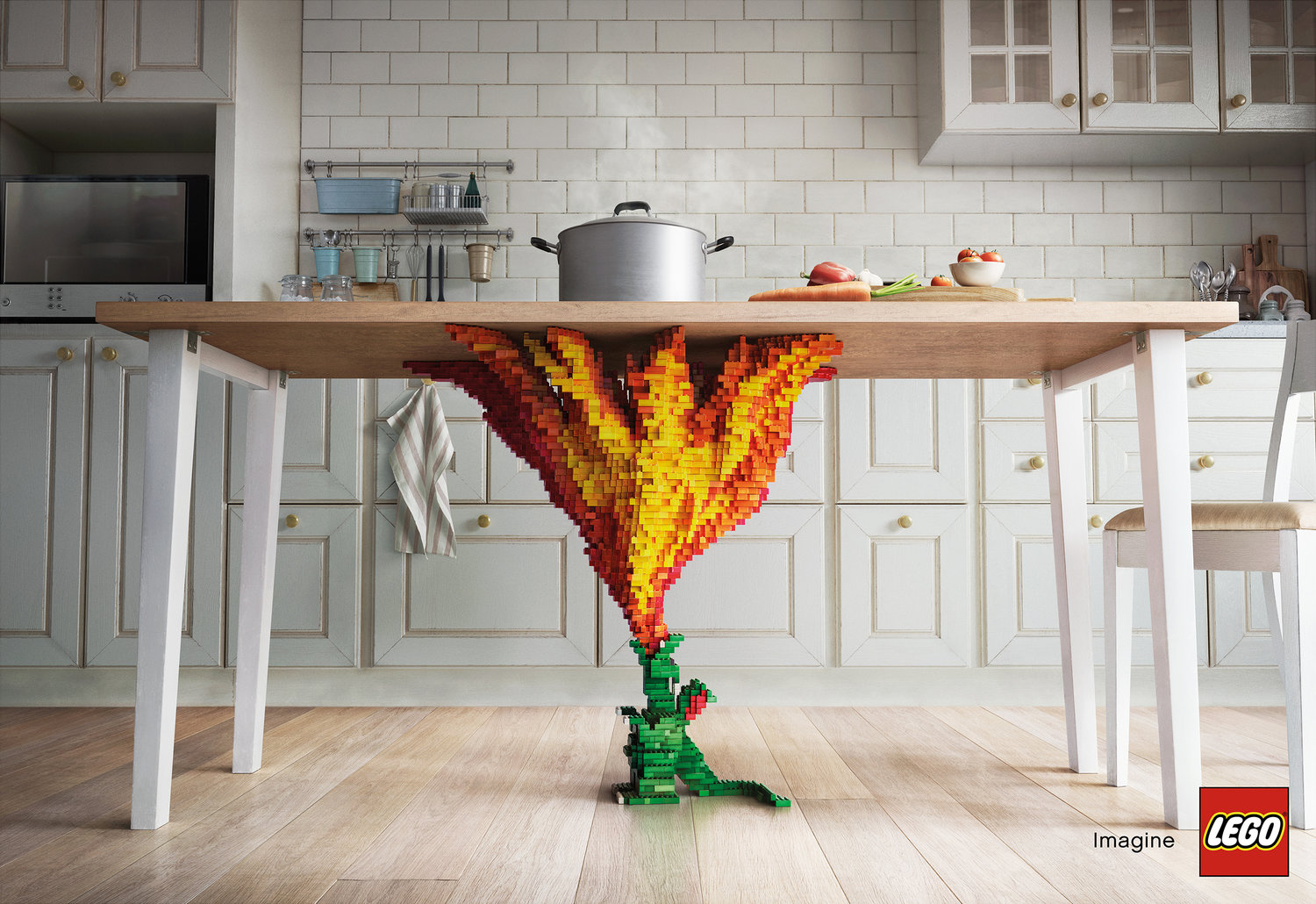 LEGO Toys Bricks Advertisements Logo Kitchen Dragon Table Fire Chair Humor Cooking 1500x1030