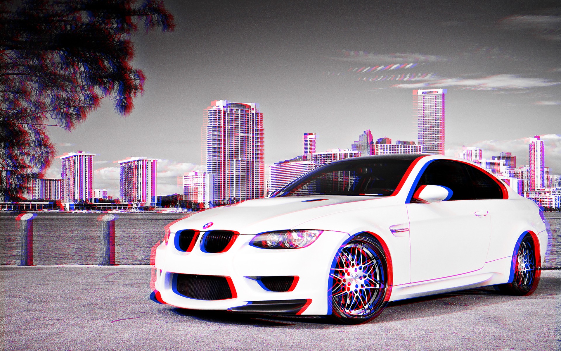 Anaglyph 3D Car Vehicle BMW White Cars BMW E92 BMW 3 Series 1920x1200