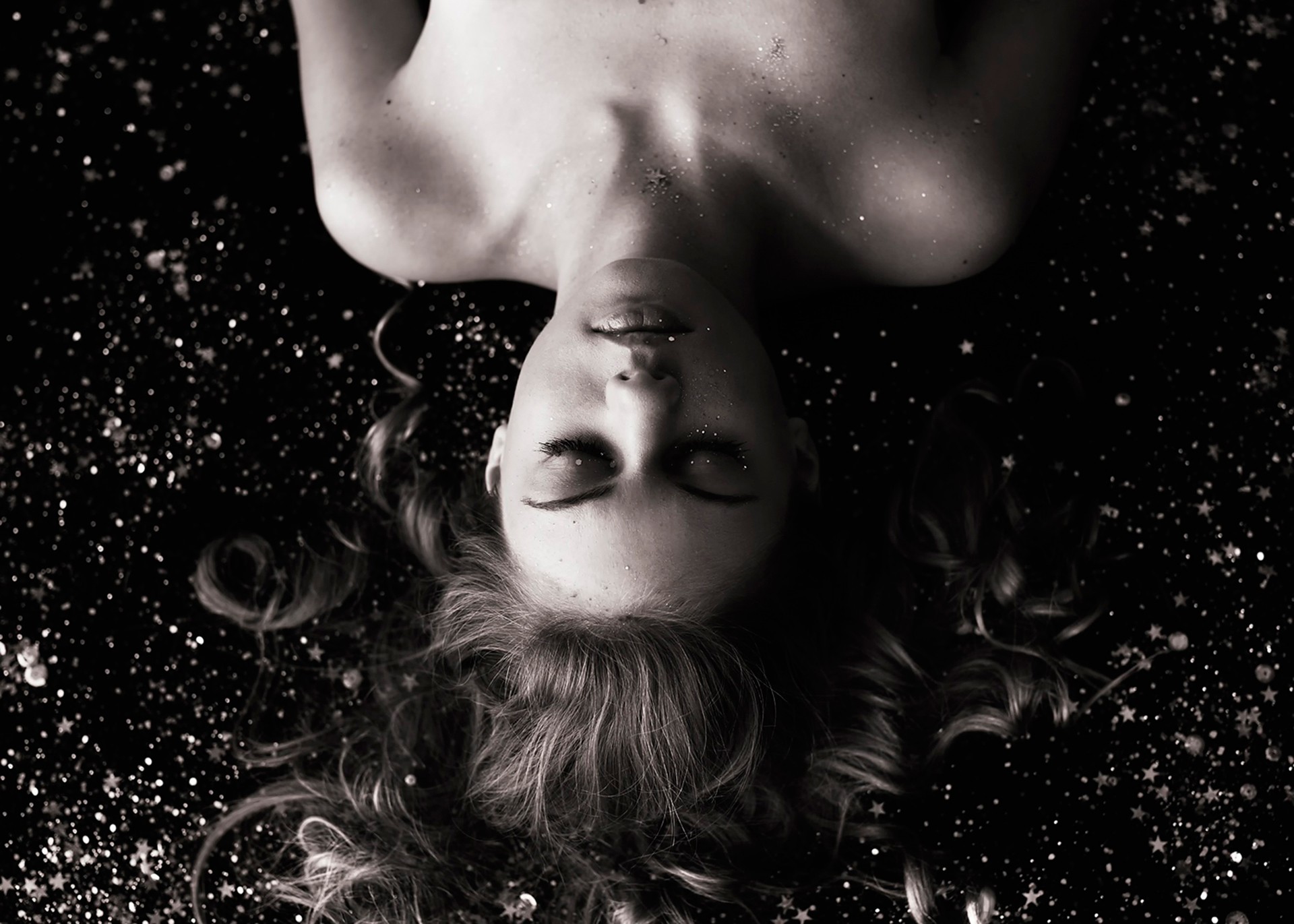 Women Bare Shoulders Upside Down Monochrome Closed Eyes Curly Hair 1920x1371