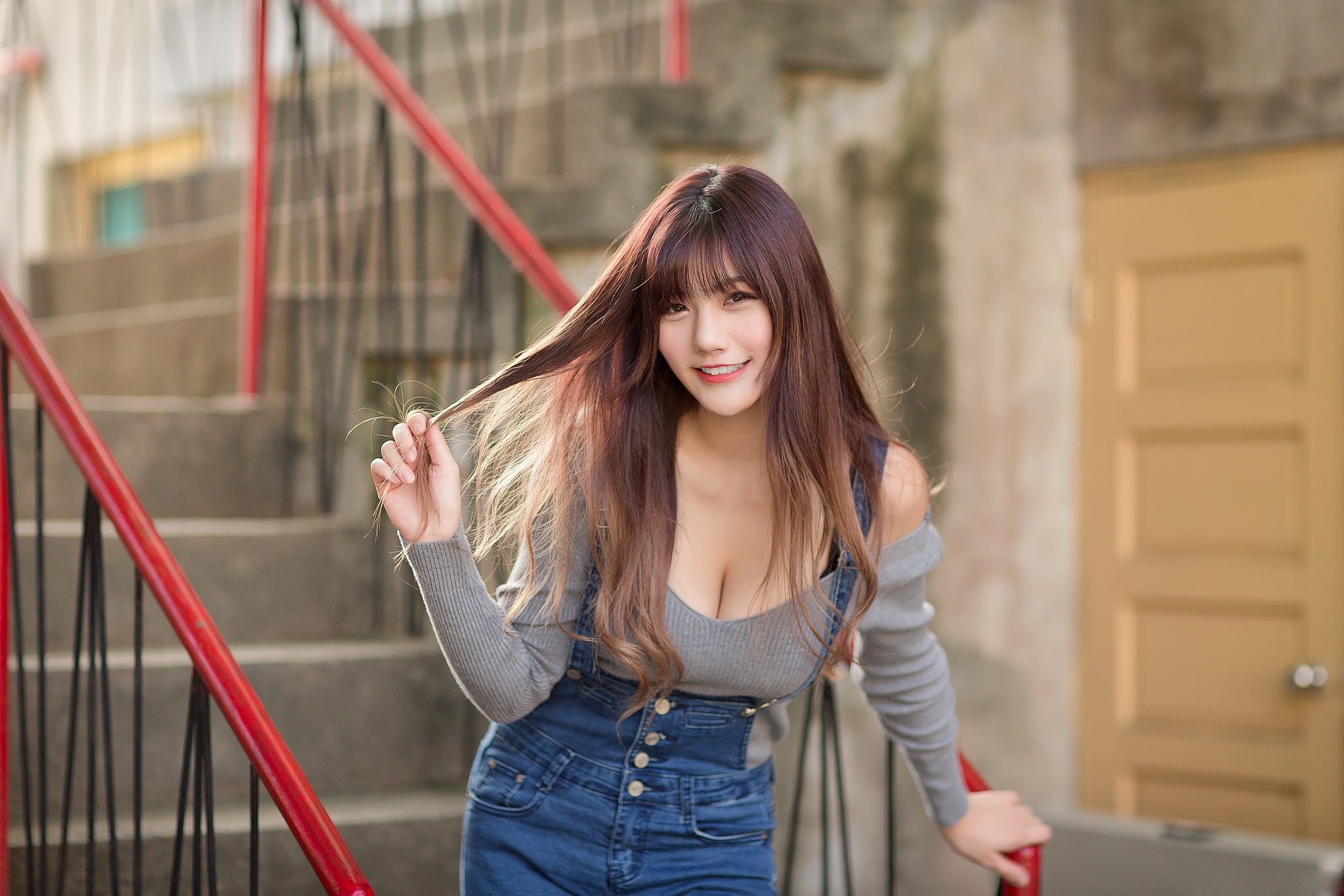 Asian Women Brunette Long Hair Overalls Grey Tops Hair Pulling Bangs Smiling 2048x1365
