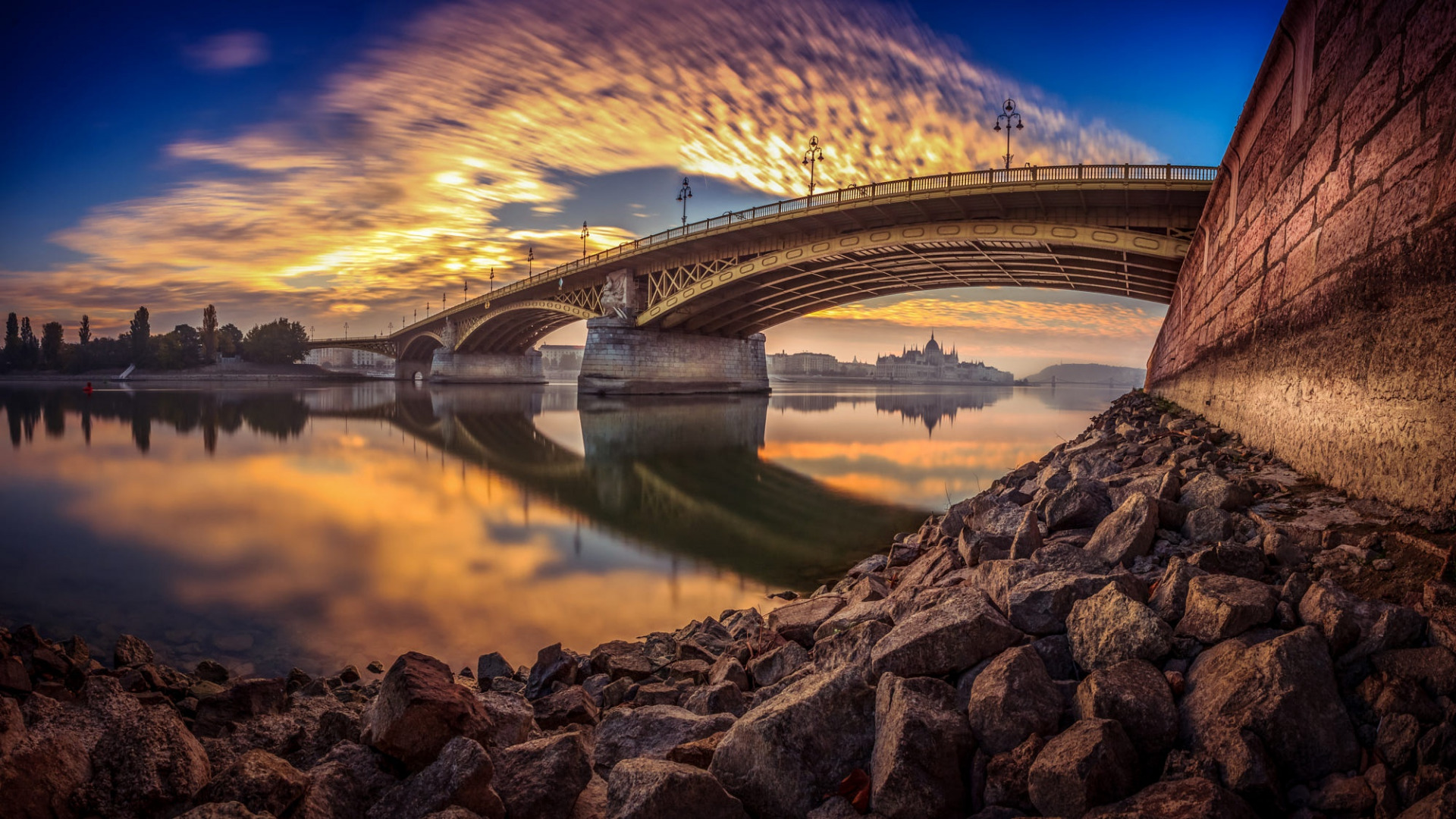 Architecture Bridge Budapest Hungary River Danube Clouds Reflection Stone Stones Trees Hungarian Par 1920x1080