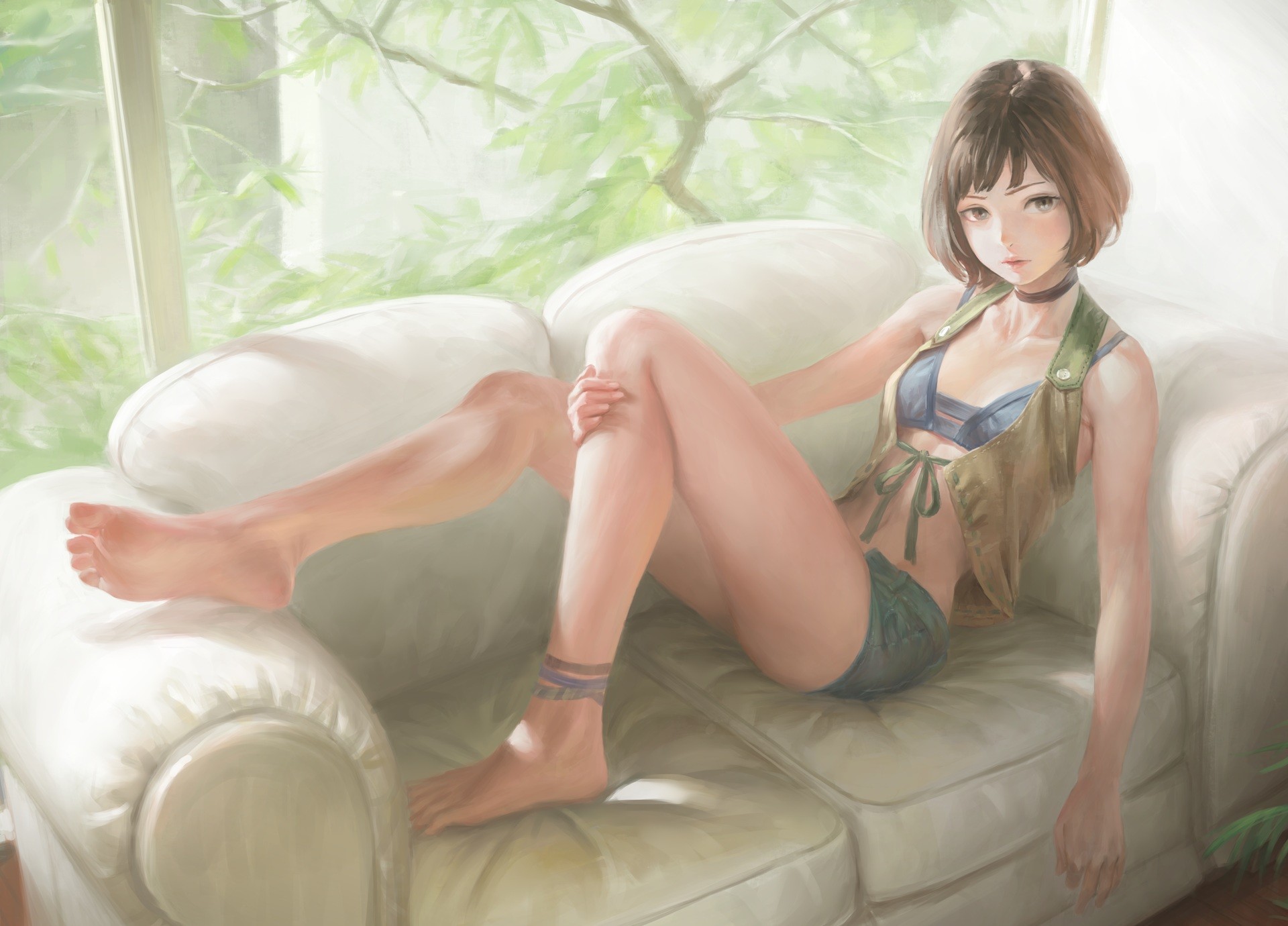 Hot Pants Brunette Brown Eyes Couch Legs NaBaBa DeviantArt Painting 1920x1380