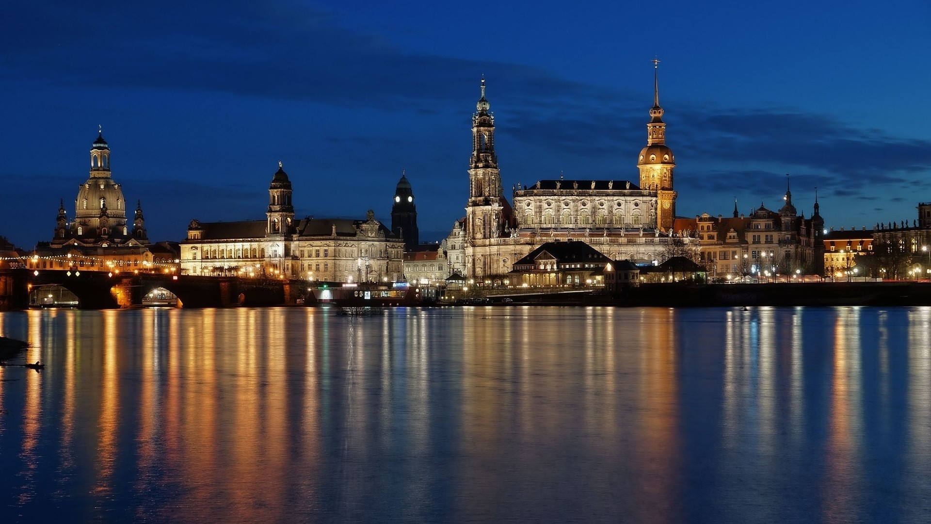 Architecture Old Building Lights Evening City Dresden Germany Water River Church Dome Cathedral Brid 1920x1080