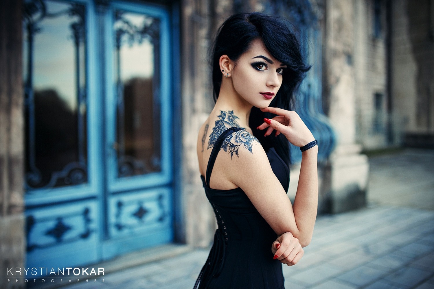 Krystian Tokar Black Hair Women Model Long Hair Dress Looking At Viewer Makeup Tattoo Eyes Depth Of  1500x1000