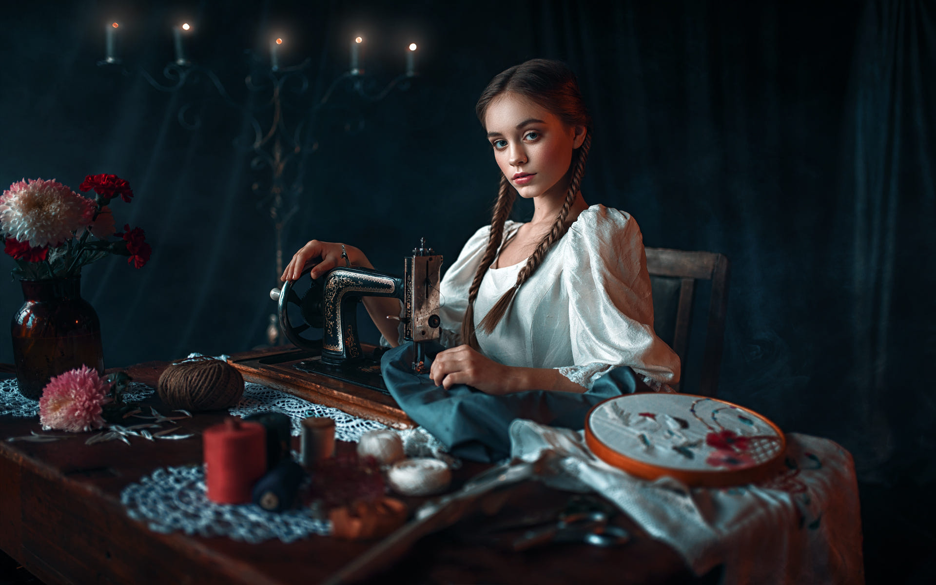 Women Model Portrait Brunette Blue Eyes Looking At Viewer White Shirt Sewing Machine Braids Maks Kuz 1920x1200