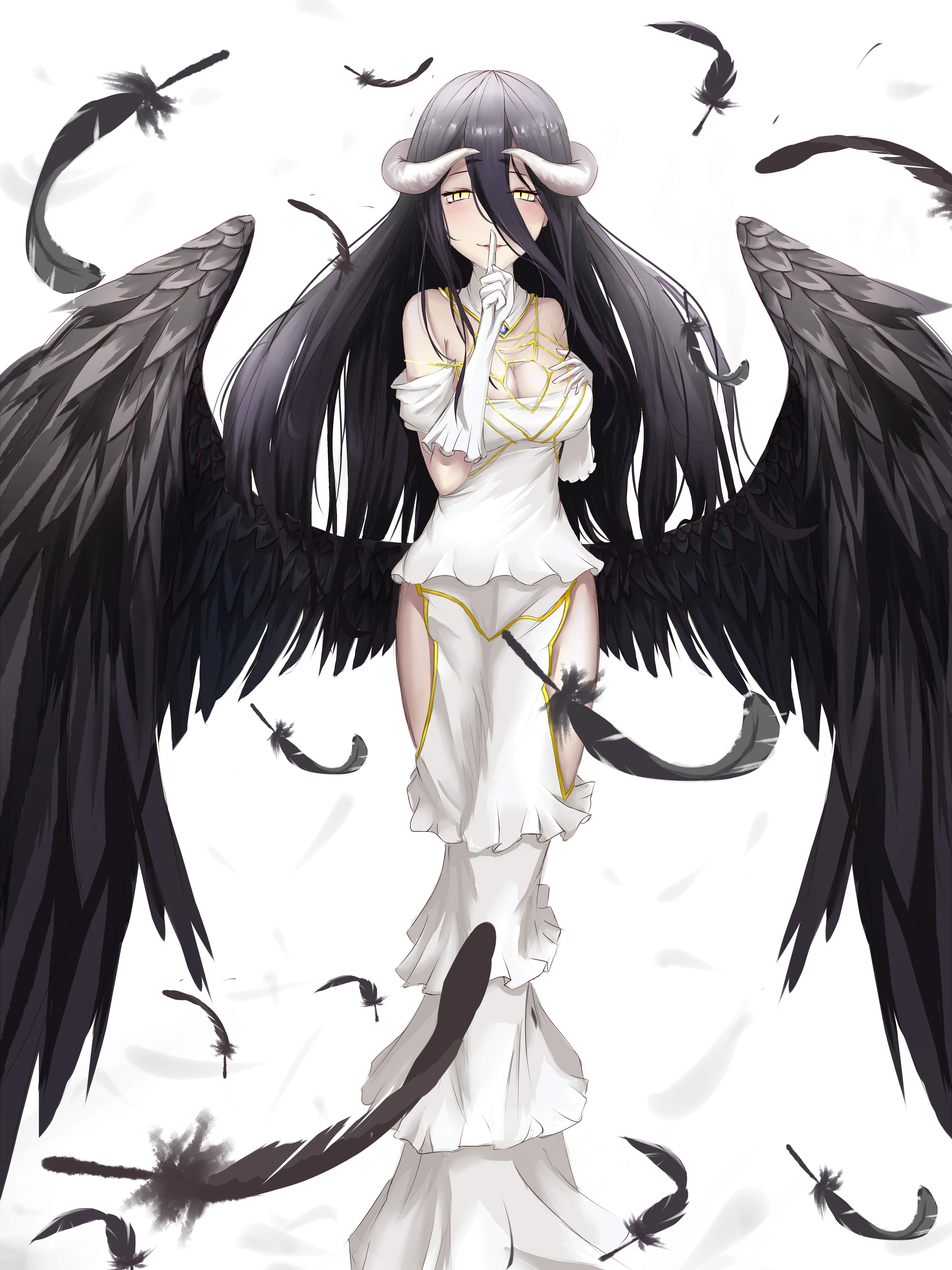 Long Hair Albedo OverLord Overlord Anime Yellow Eyes Horns Black Wings Feathers White Background Whi 4500x6000