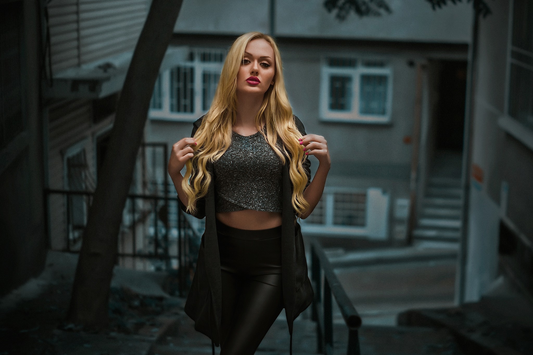 Women Portrait Blonde Leather Pants Alleyway 2048x1365
