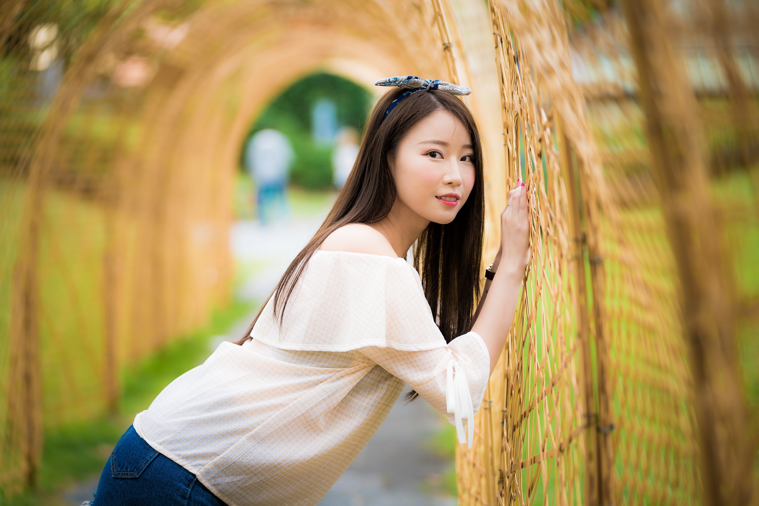 Women Model Asian Looking At Viewer Women Outdoors Brunette Shirt Bare Shoulders Head Band Long Hair 2500x1667