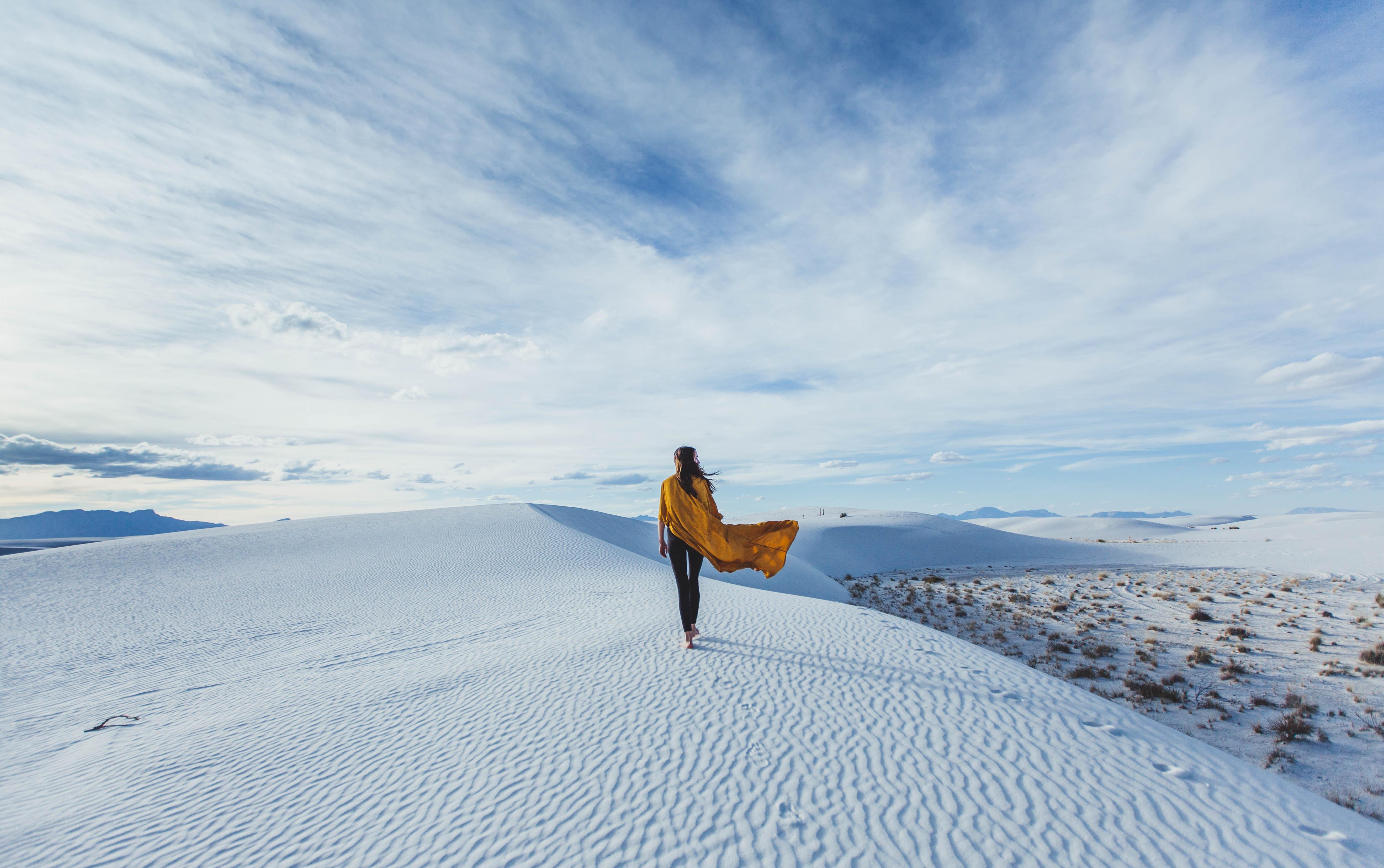 Nature Landscape Sand Women Sky Clouds Desert New Mexico Barefoot Long Hair Desolate 5014x3145