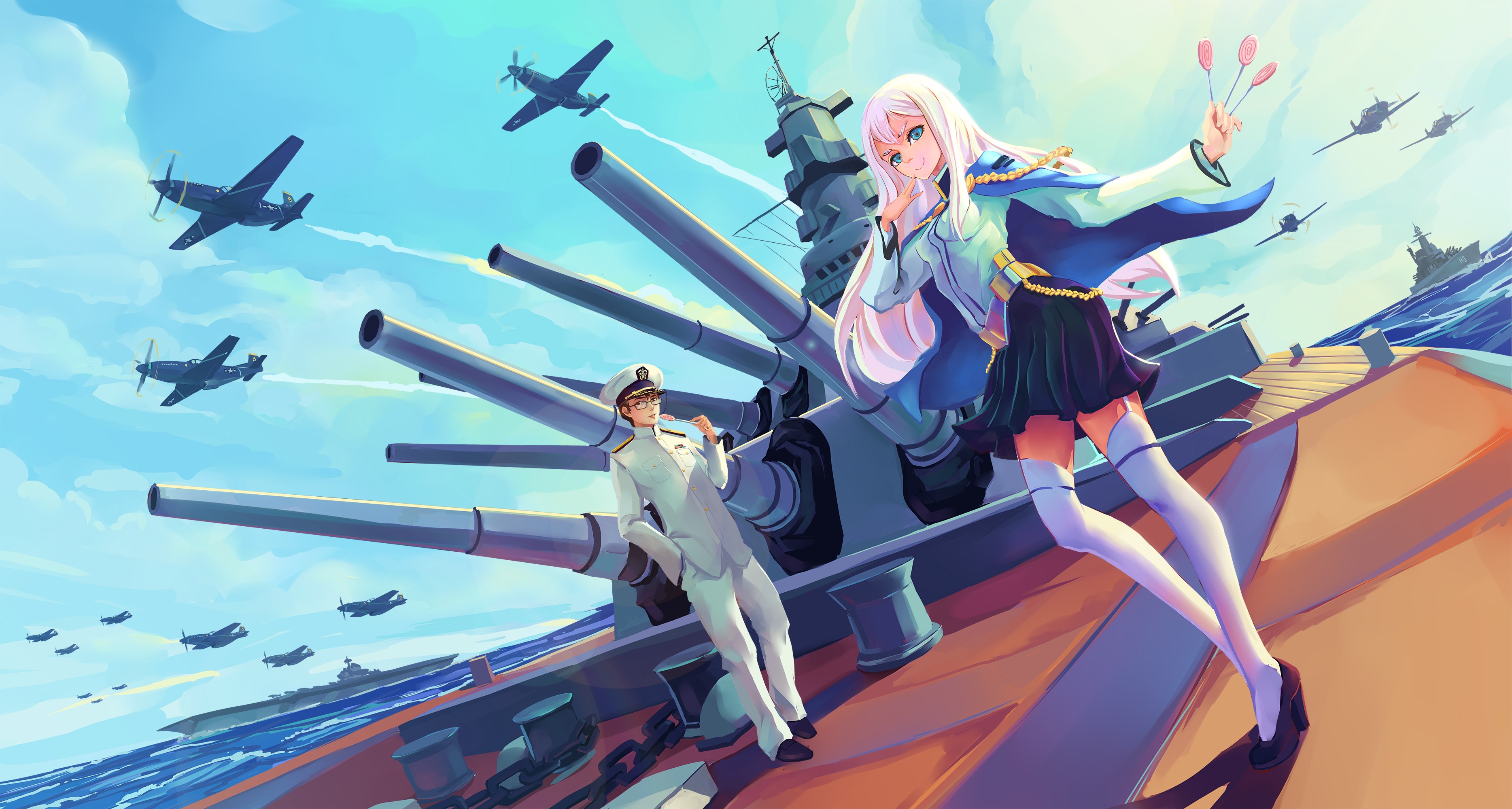 Anime Girls Battleships Original Characters Captain Thigh Highs Blue Eyes White Hair 3736x2000