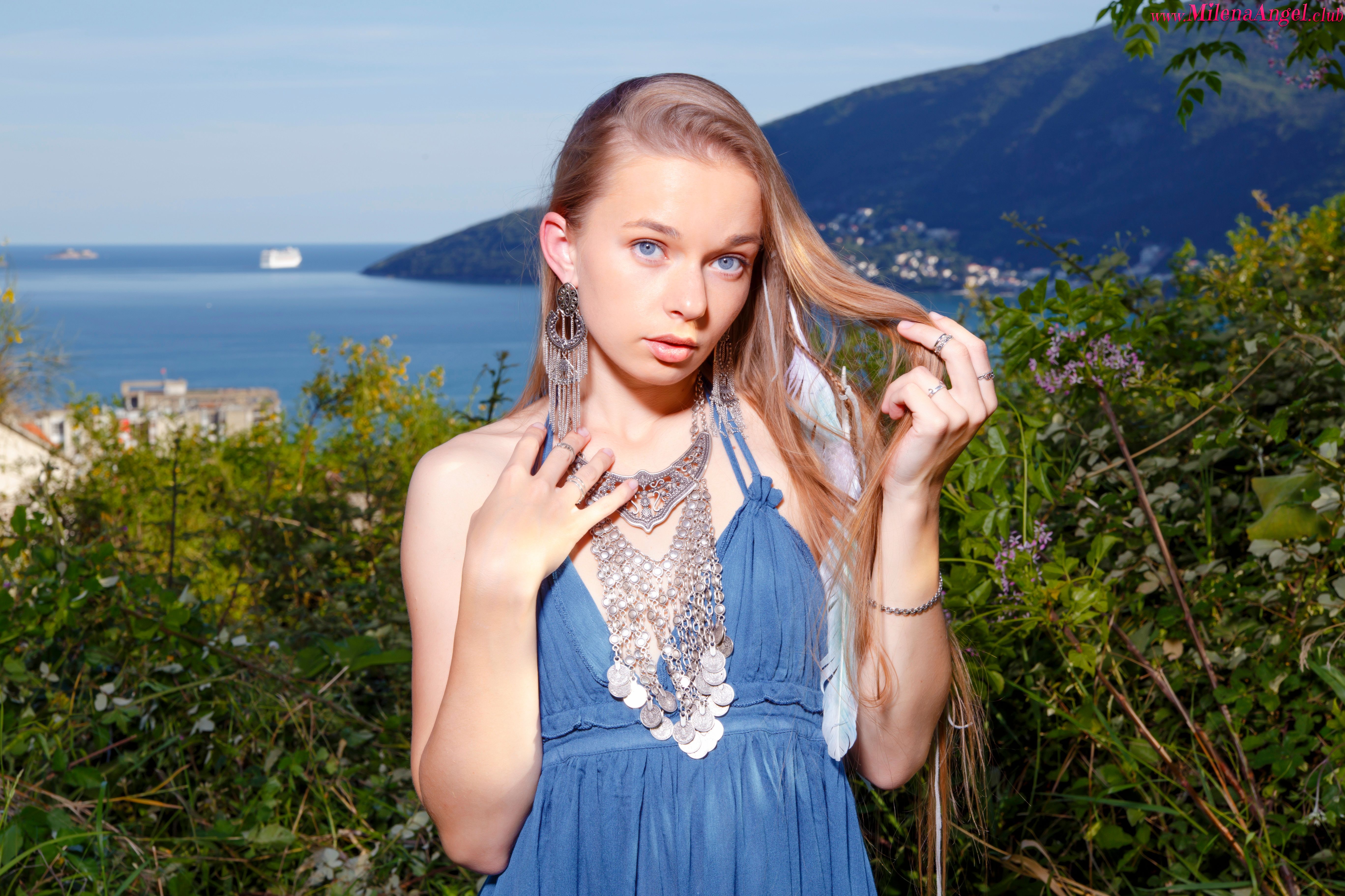 Milena Blue Dress Long Hair Necklace Feather Earrings 5472x3648
