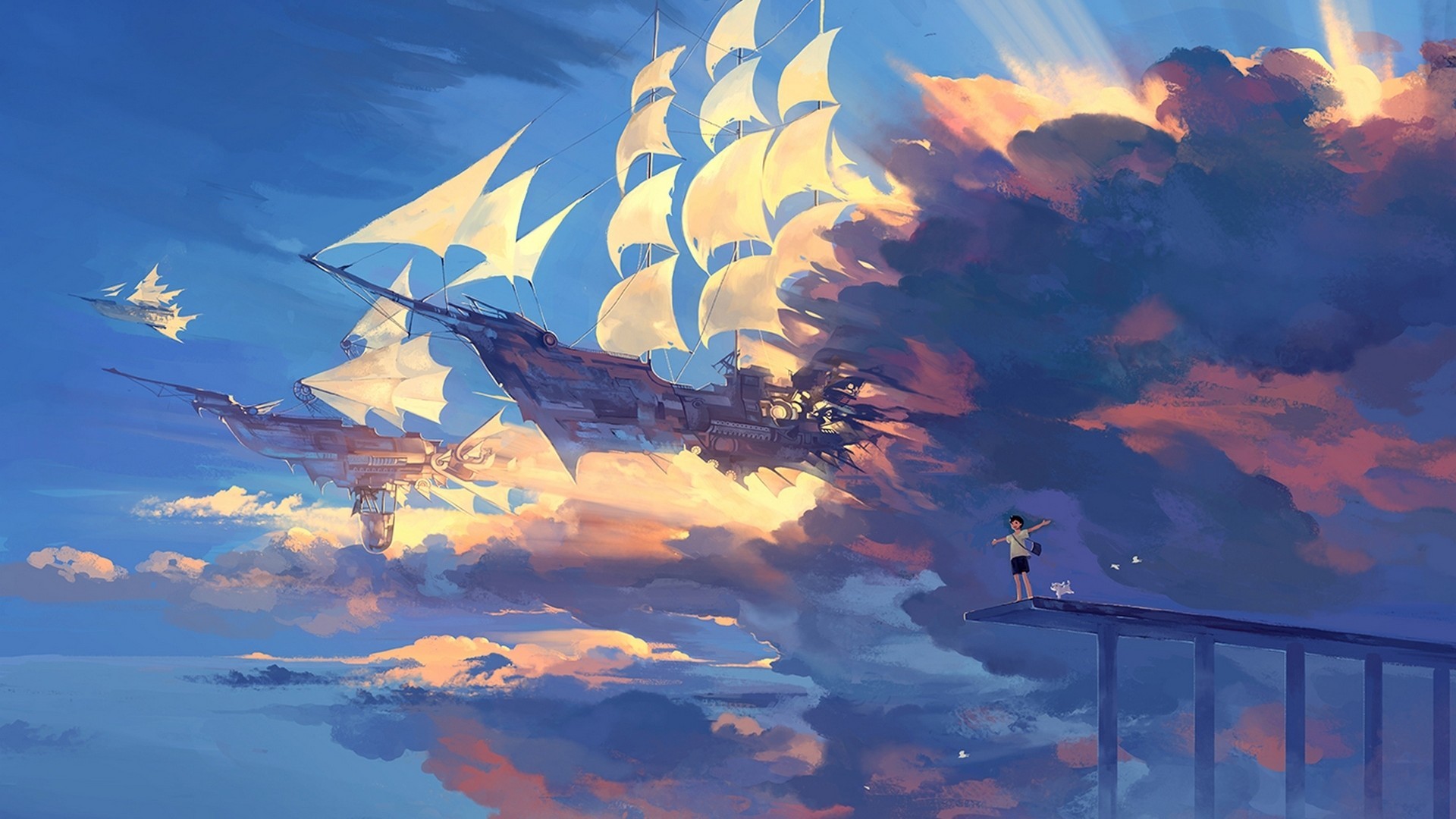 Anime Ship Sailing Ship Clouds Sky Airships Bridge 1920x1080