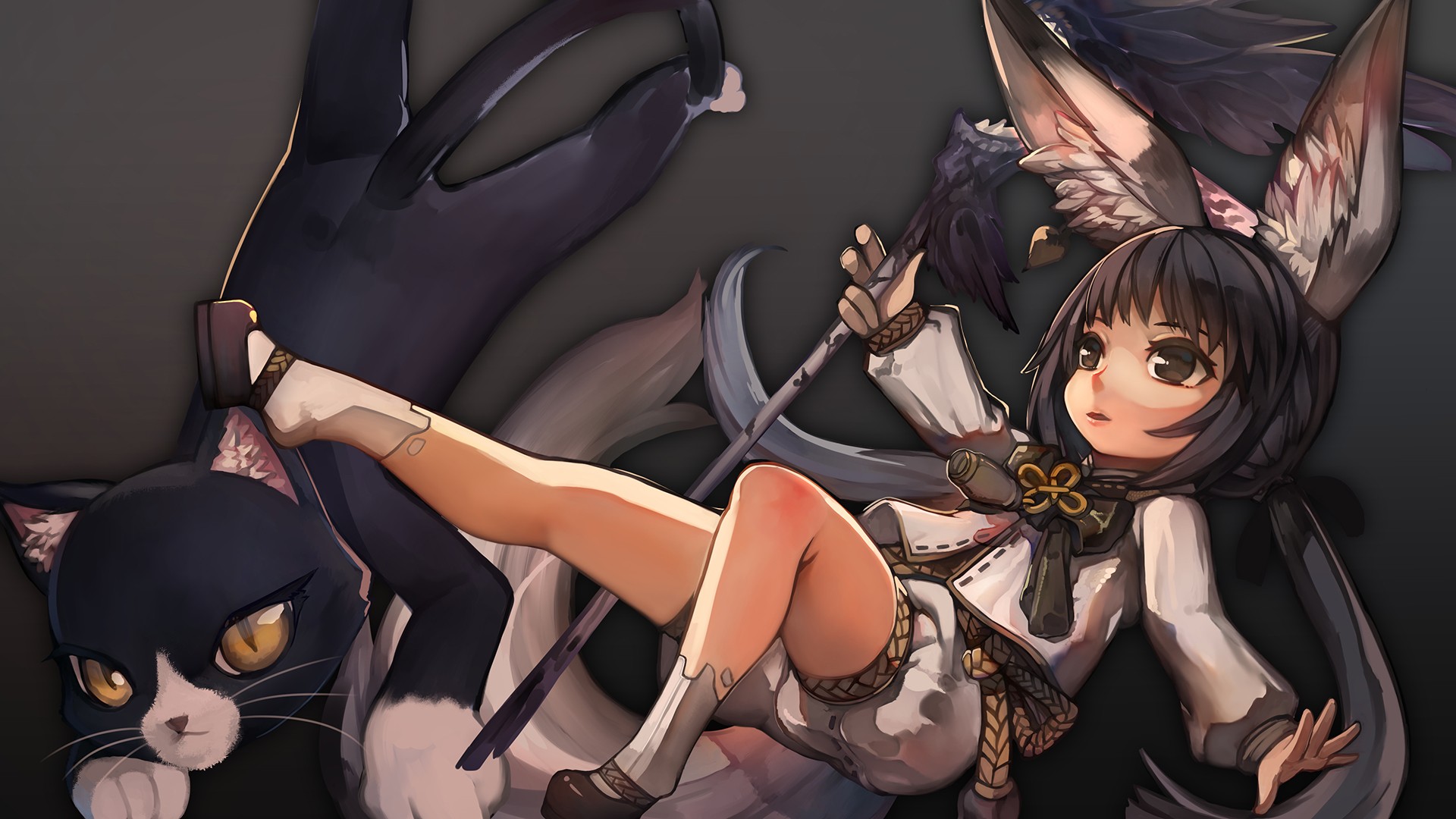 Anime Girls Blade Soul Black Hair Animal Ears Staff Cats Video Games 1920x1080