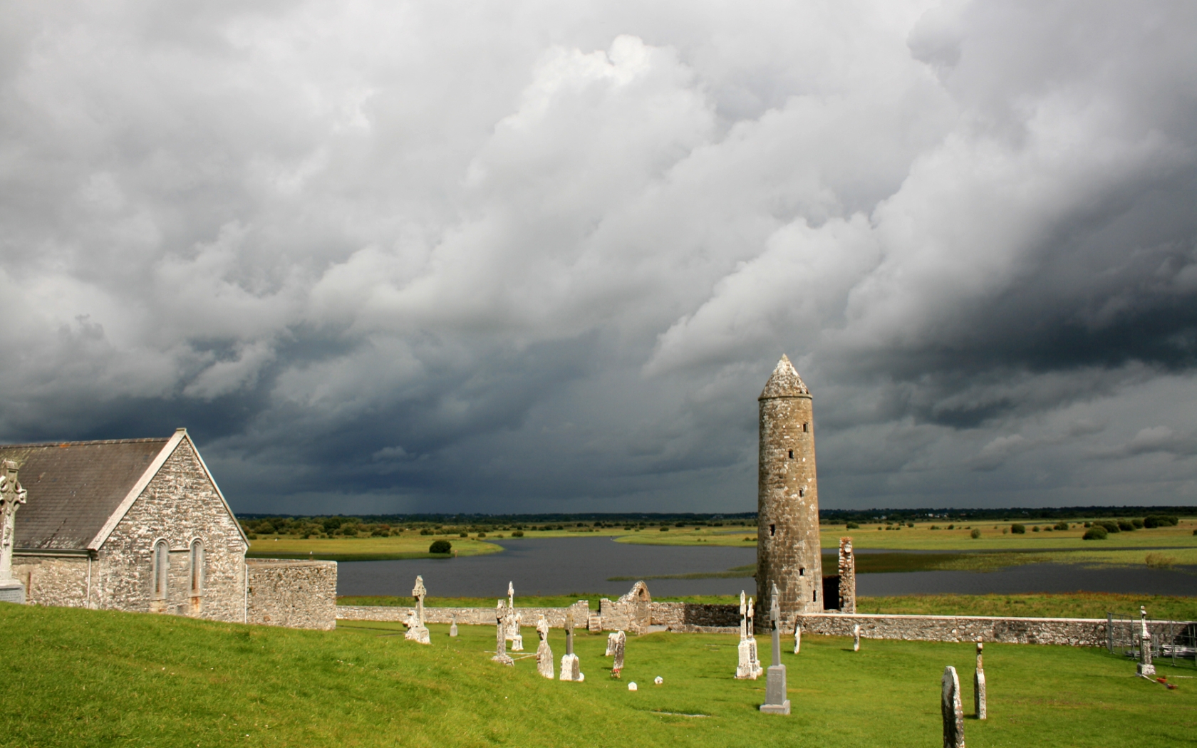 Clonmacnoise Ireland Cross Monastery Landscape Cemetery Architecture Tower 1680x1050
