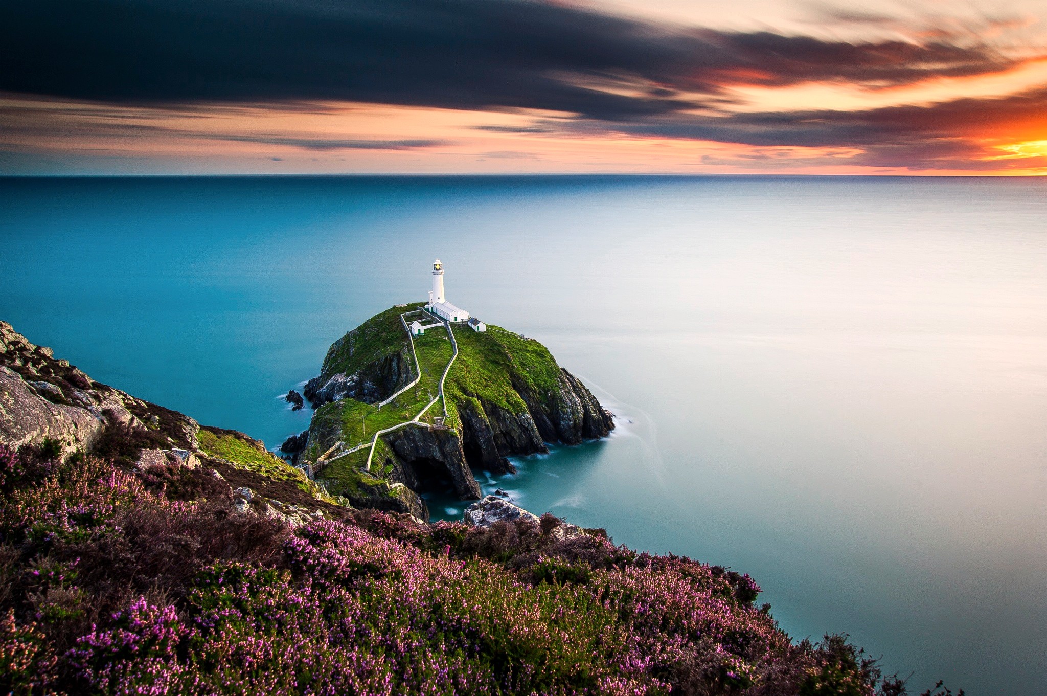 Landscape Wales Lighthouse Flowers Coast Sea UK 2048x1361