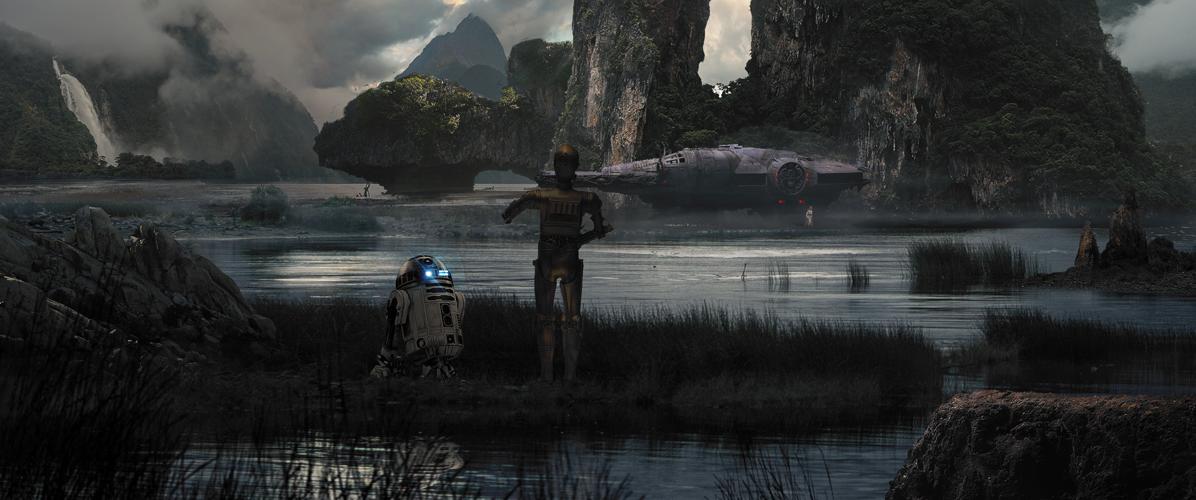 Star Wars R2 D2 Fan Art Millennium Falcon Star Wars Droids Dark Science Fiction Star Wars Ships 2390x1000