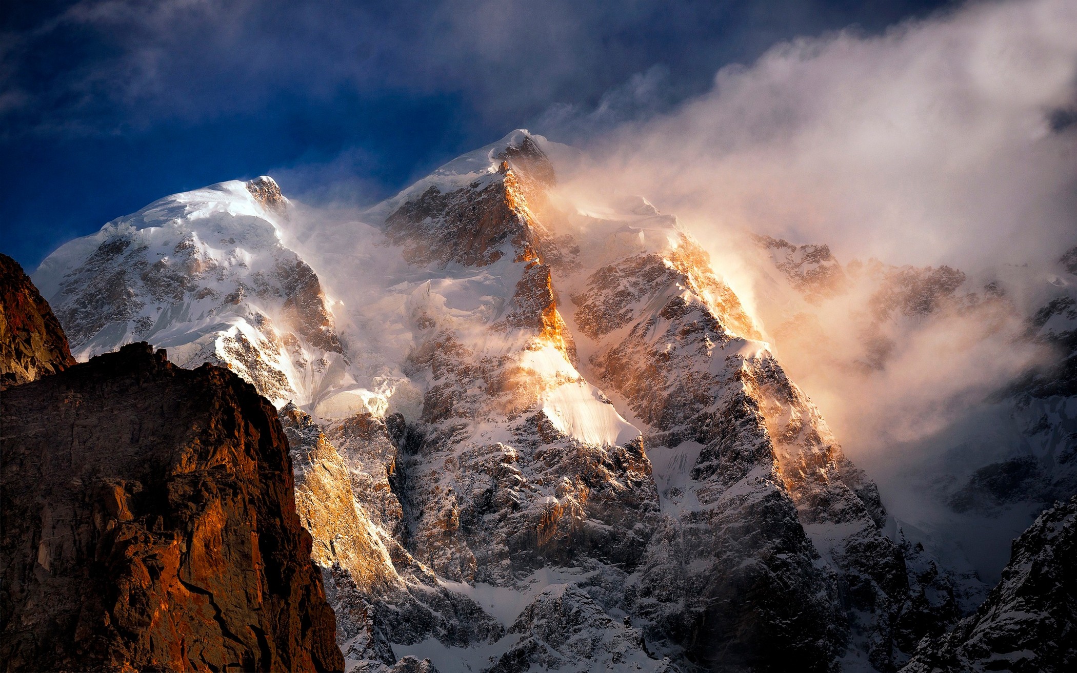 Nature Landscape Mountains Wind Snowy Peak Clouds Sunlight Summit 2100x1313