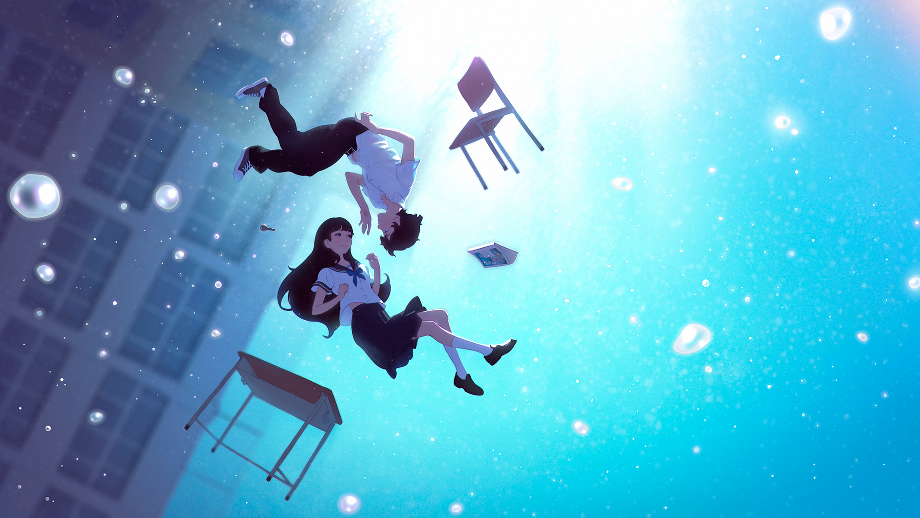 Anime Falling Anime Girls Schoolgirl Schoolboys Brunette Chair Long Hair Cyan 1852x1042