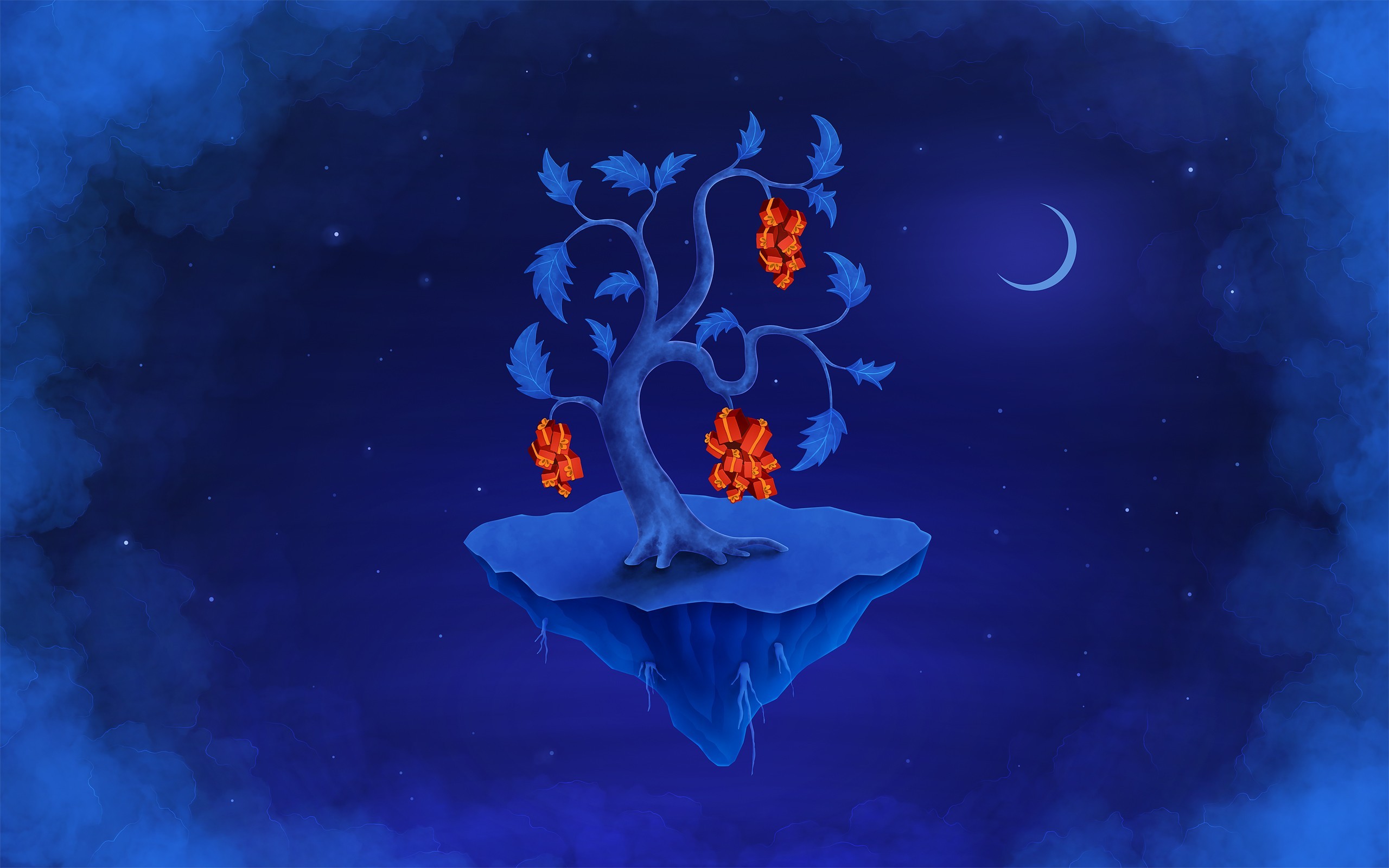 Digital Art Fantasy Art Sky Clouds Floating Island Vladstudio Trees Moon Leaves Christmas Stars Pres 2560x1600
