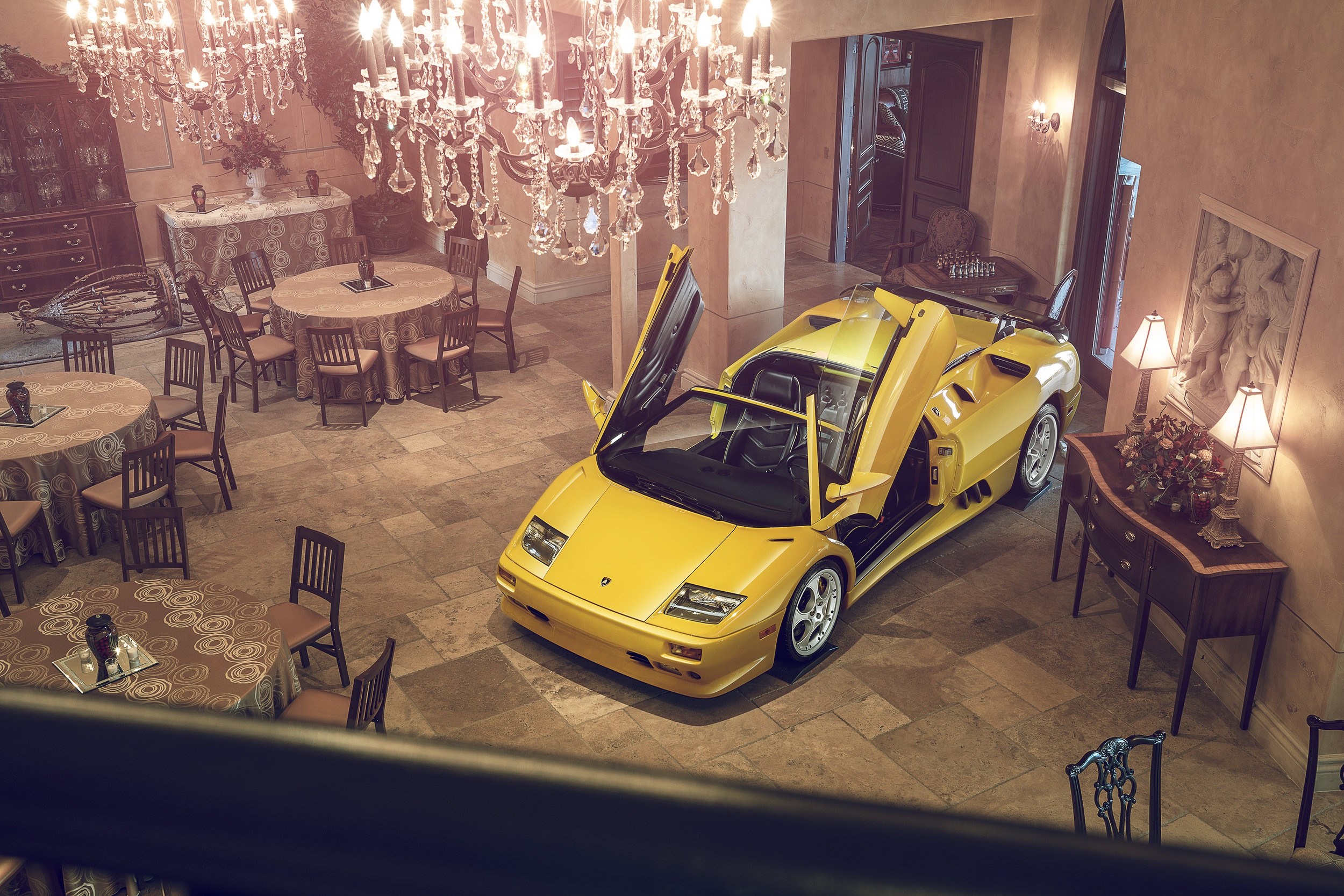 Car Vehicle Yellow Dress Lamborghini High Angle Lamborghini Diablo Restaurant Chandeliers 2500x1667