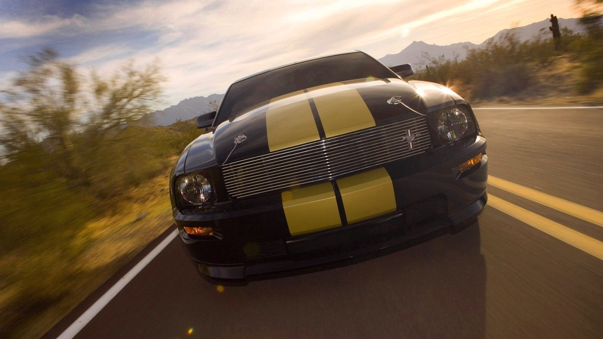Car Vehicle Black Cars Road Racing Stripes Ford Ford Mustang Frontal View Dutch Tilt Muscle Car Musc 1920x1080