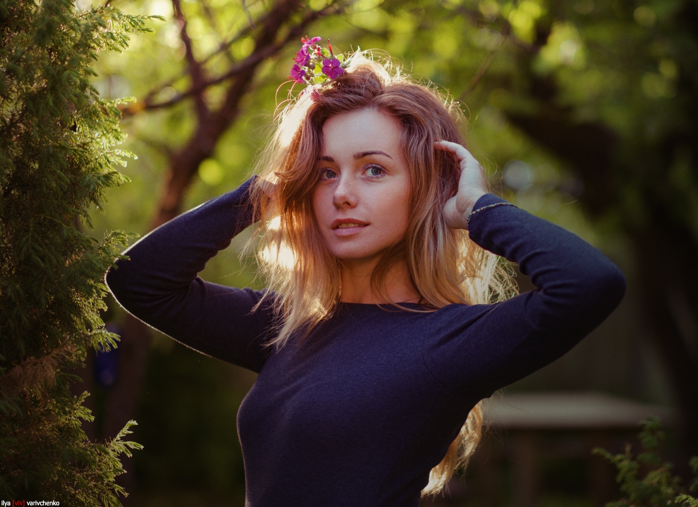 Ilya Varivchenko Women Model Blonde Women Outdoors Depth Of Field Looking Away Hands On Head 1399x1016