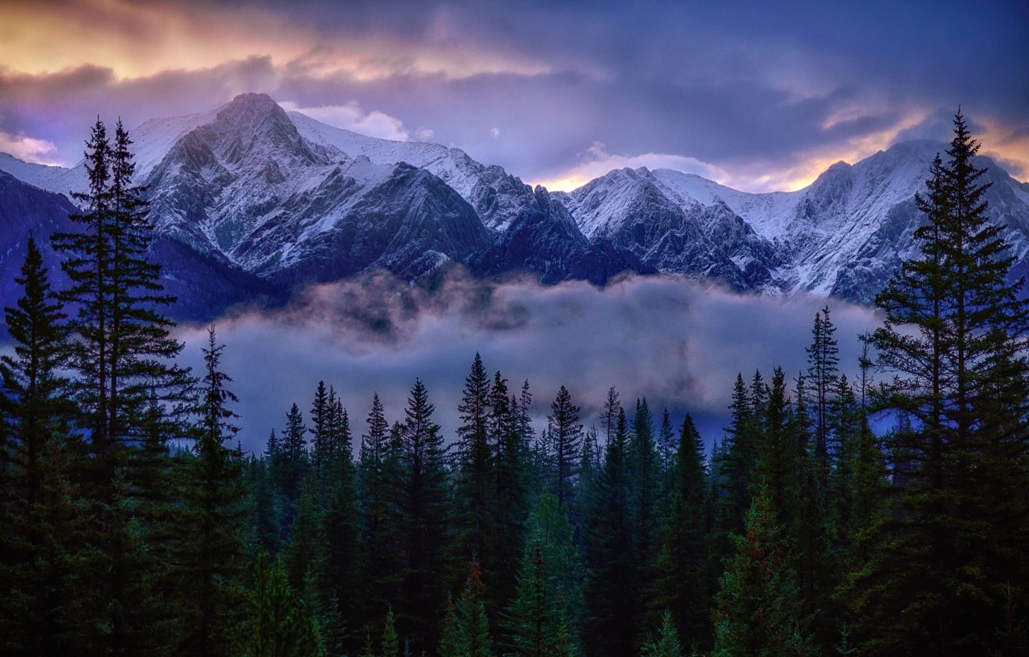 Photography Nature Landscape Snowy Peak Mountains Forest Mist Clouds Sunlight Pine Trees Sunrise Ban 1500x958