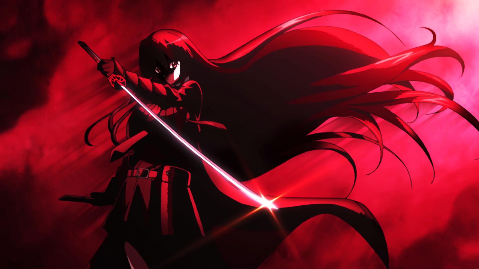 Akame Ga Kill Akame Anime Girls Long Hair Sword Katana Red Background Red Eyes Anime 1920x1080