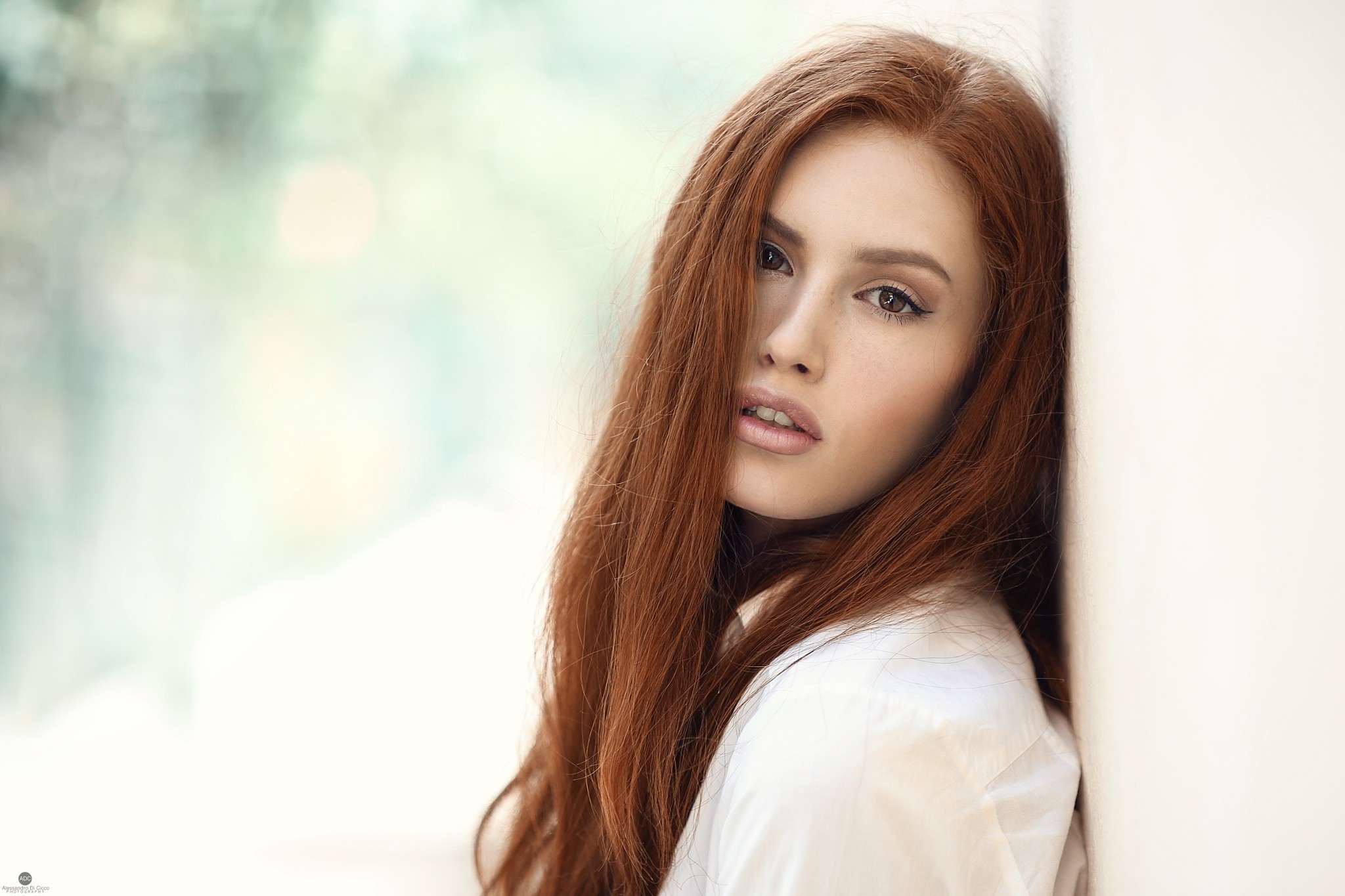 Women Model Redhead Brown Eyes White Clothing Open Mouth Alessandro Di Cicco Valentina Galassi Face  2048x1365