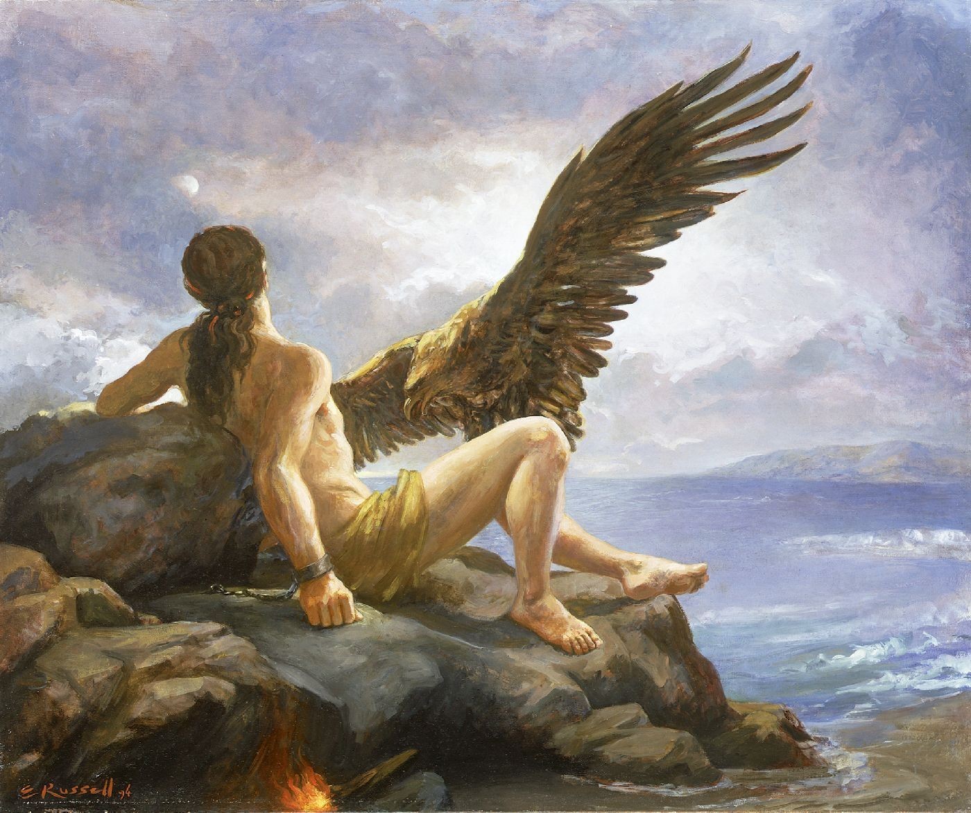 Painting Prometheus Mythology Eagle Fire Beach Birds Gods Mythology 1400x1172