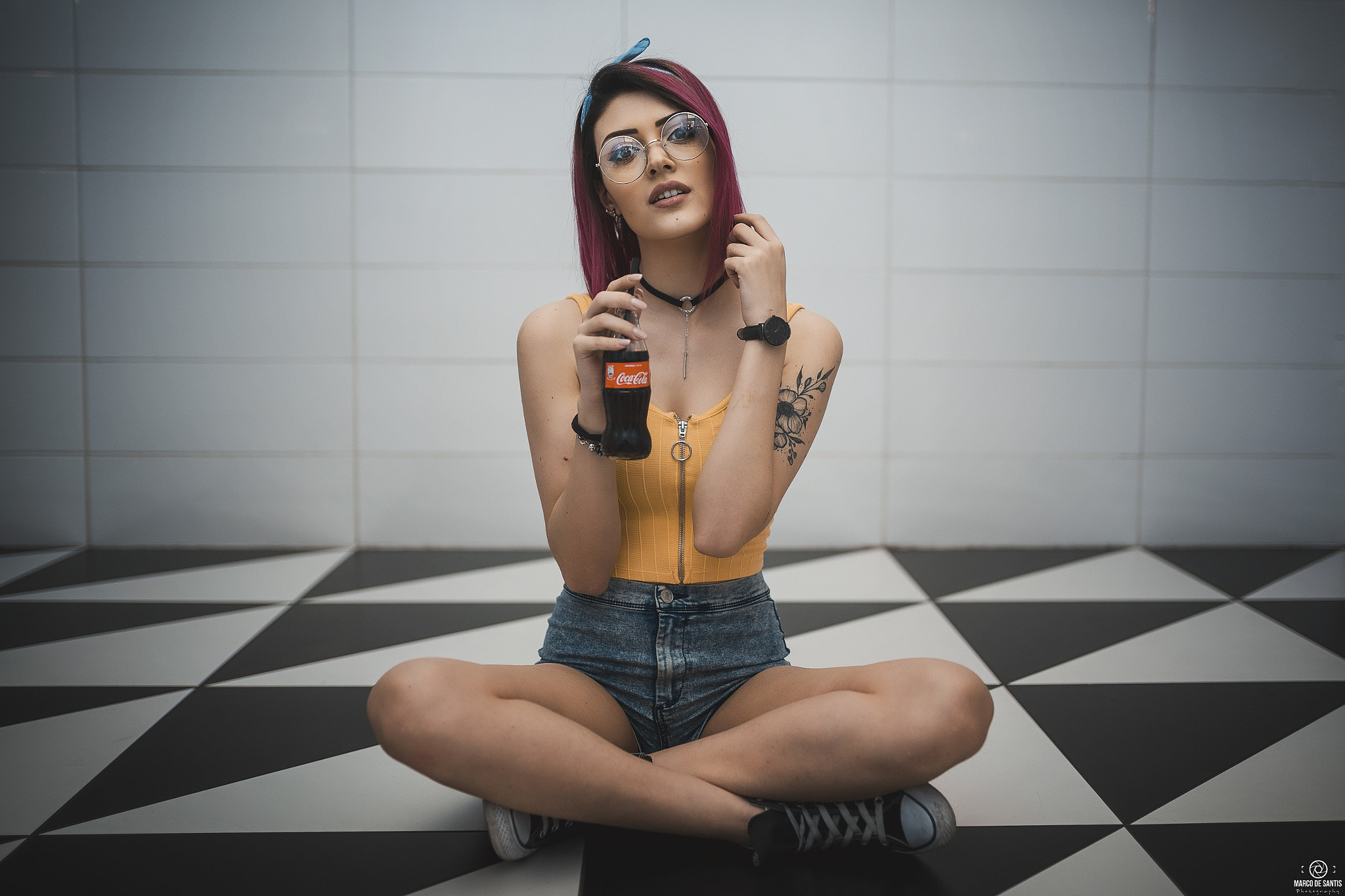 Women Brunette Women With Glasses Sitting Choker Dyed Hair Dark Eyes Glasses Coca Cola Headband Marc 2048x1365