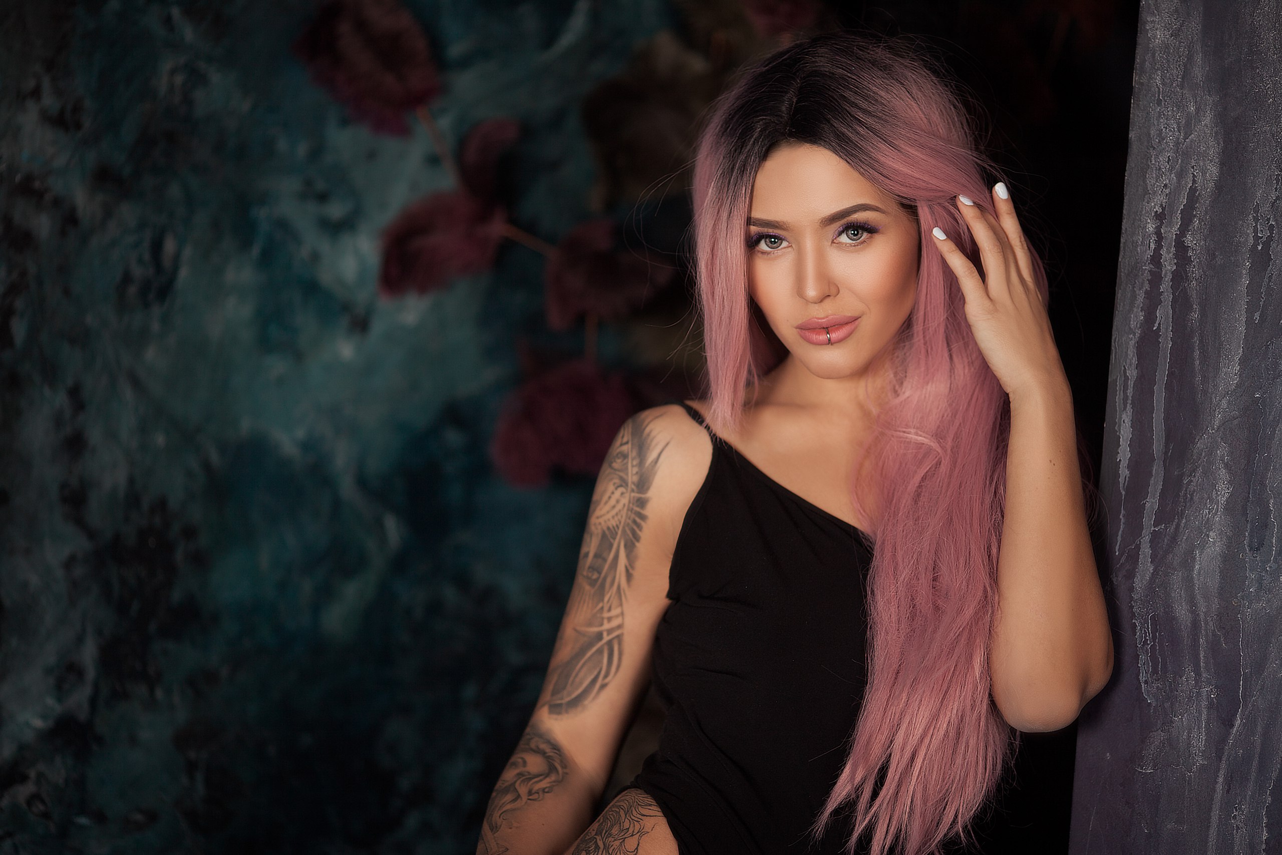 Women Tanned Pink Hair Dyed Hair Tattoo Lip Ring Portrait Long Hair White Nails Pink Lipstick 2560x1707