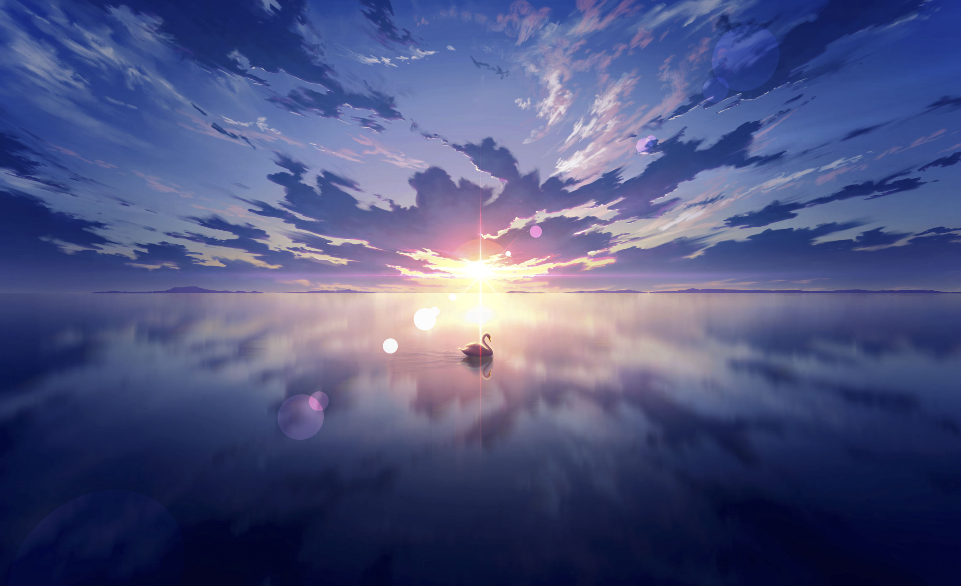 Anime Anime Sky Sky Skyscape Lake Swan Reflection Shining Sunlight Nature Water Sea Landscape Clouds 3280x2000