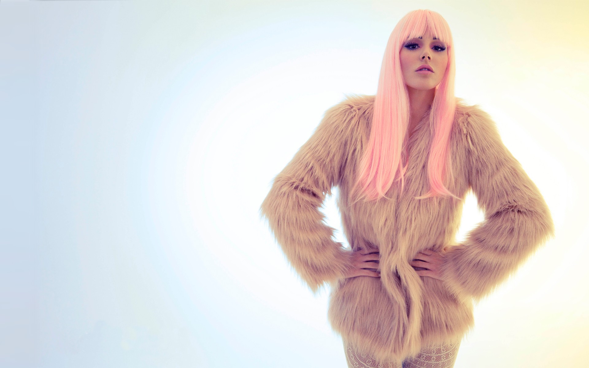 Women Model Pink Hair Simple Background Fur Coats Wigs Hands On Hips 1920x1200