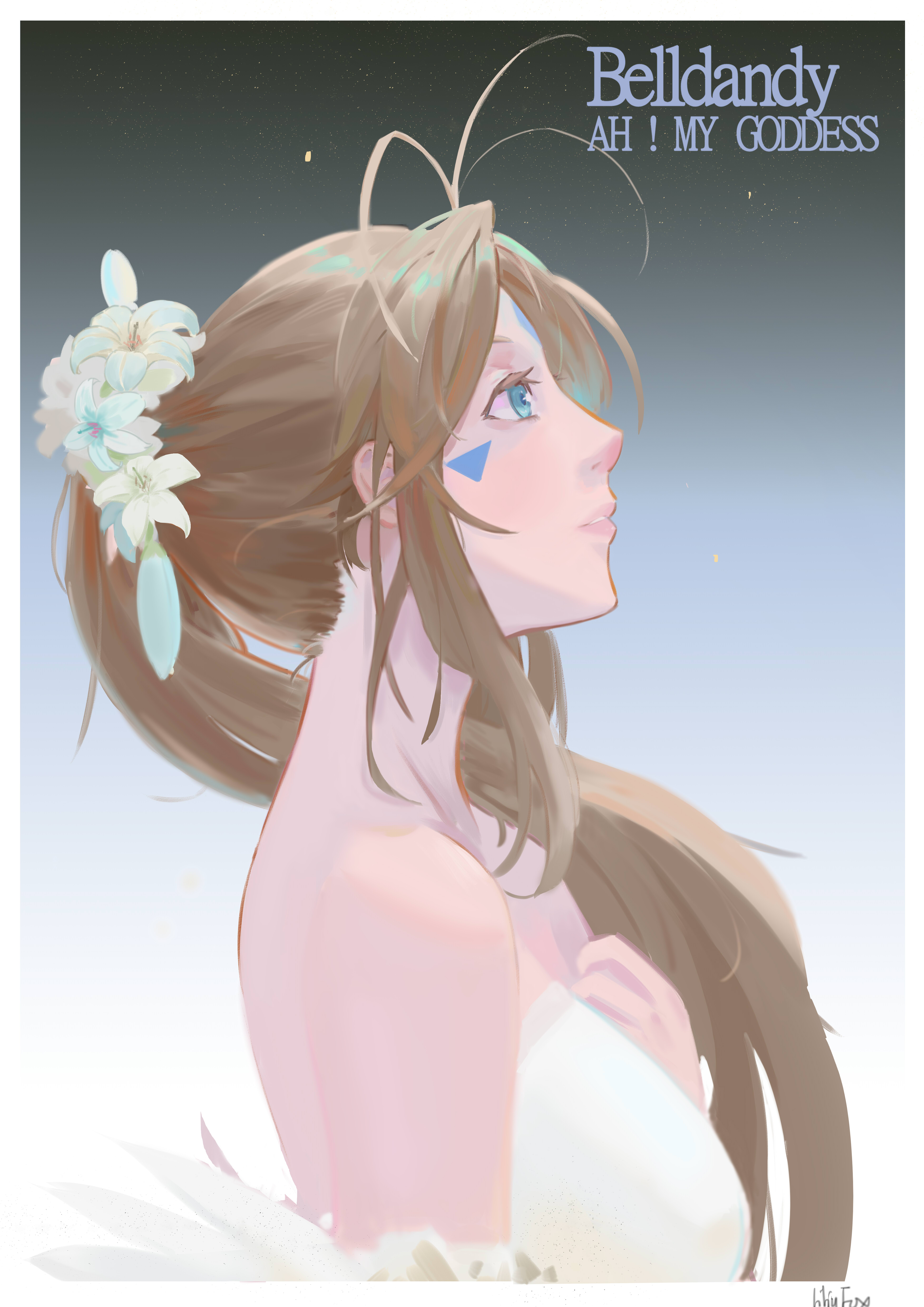 Ah My Goddess Anime Girls Long Hair Brunette Ponytail Belldandy White Dress Blue Eyes Fan Art 2D Ver 3507x4960