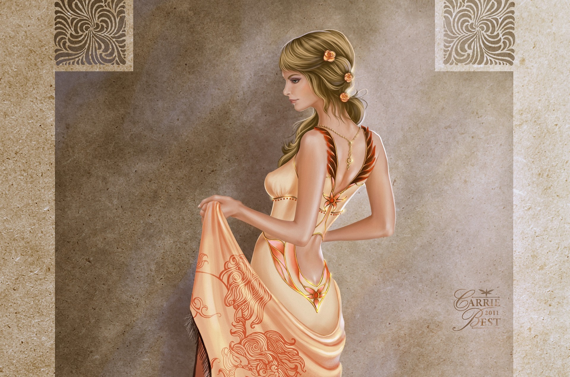 Fantasy Woman Girl Rose Gown Blonde 1920x1270