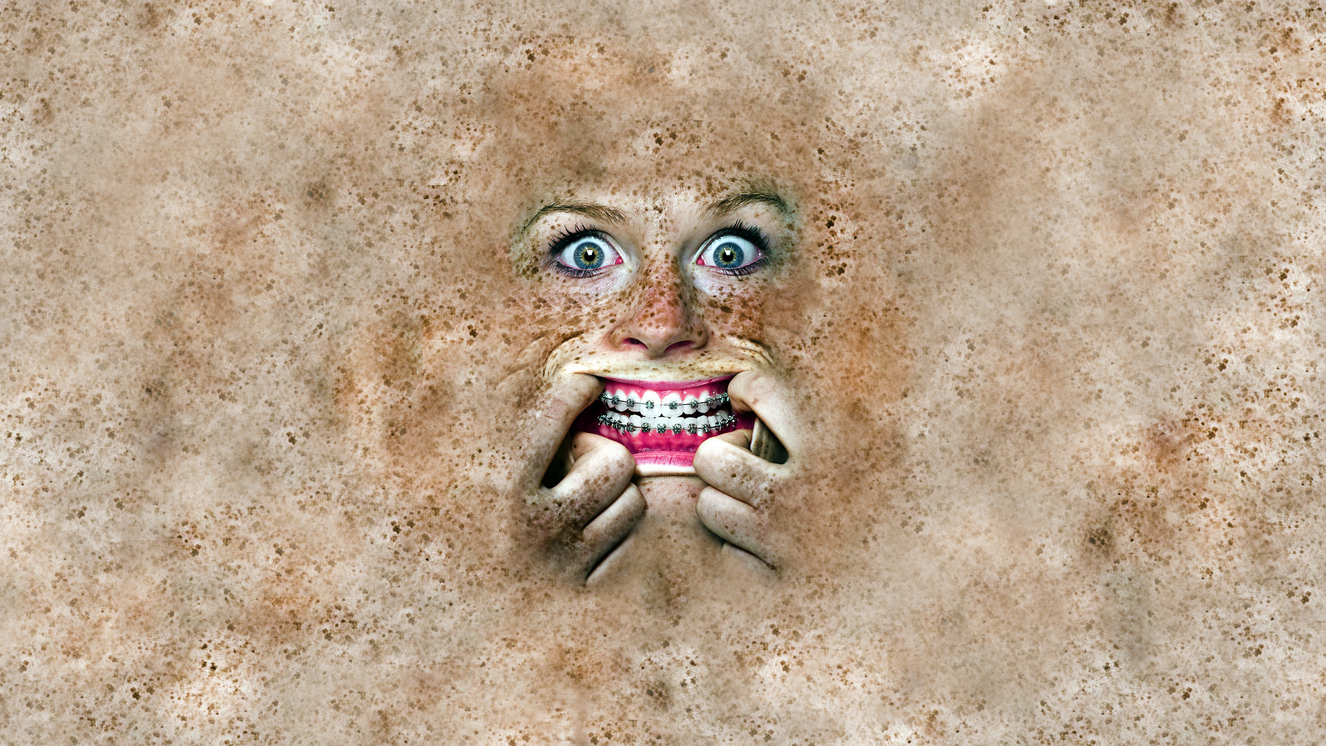 Women Face Teeth Braces Hands Freckles Digital Art Creepy Scary Face Brown 1920x1080