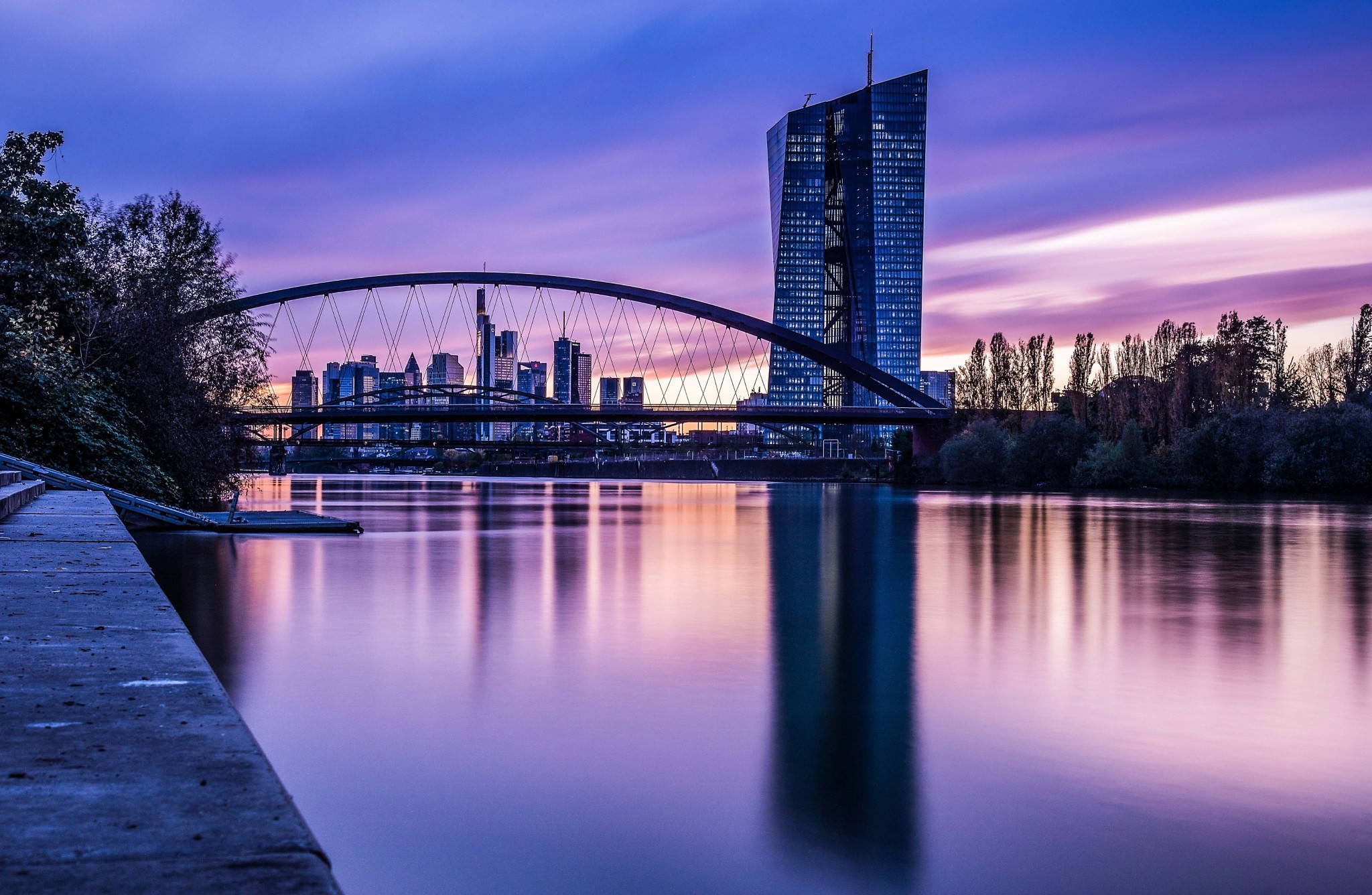 City River Purple Sky Cityscape Dusk Bridge Frankfurt Without People 2048x1336