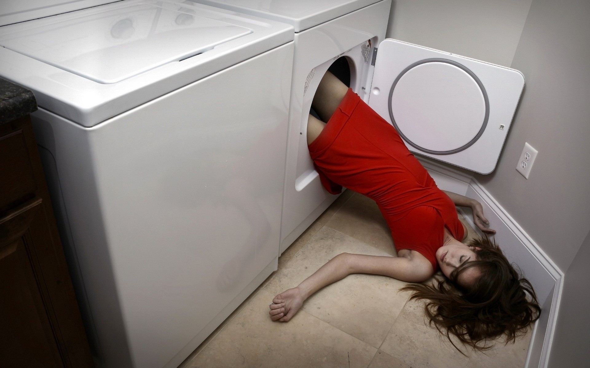 Women Brunette Red Dress Washing Hair Spread Out Washing Machine On The Floor 1920x1200