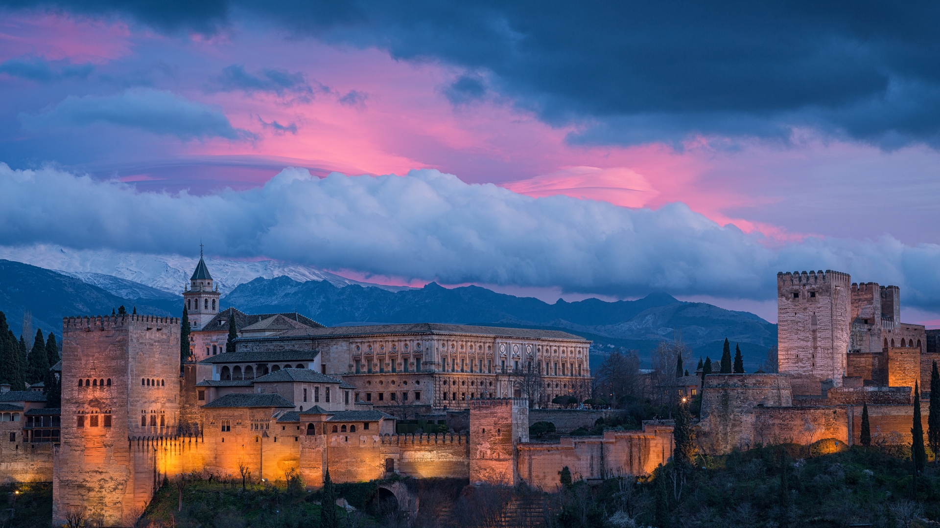 Alhambra Spain Sunset Castle Fortress Cloud 1920x1080